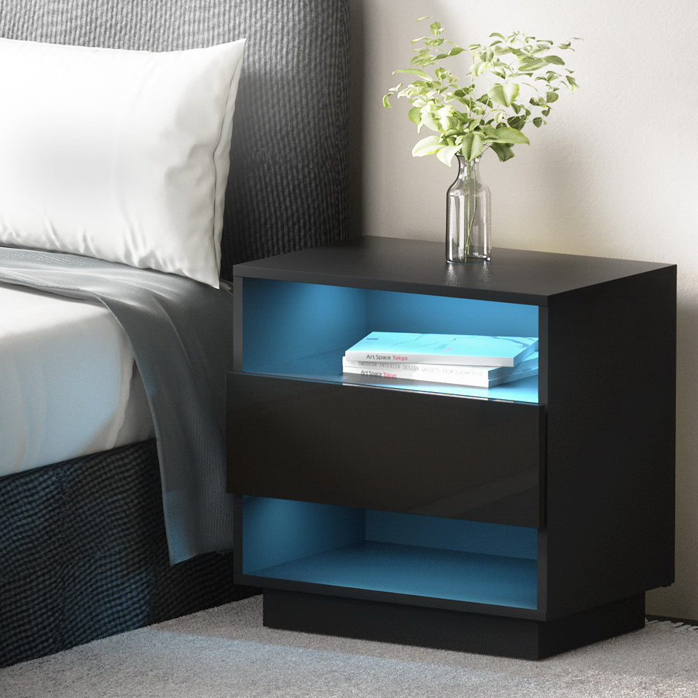 Bedside Tables: Artiss Bedside Table LED with 2 Shelves - HANA Black