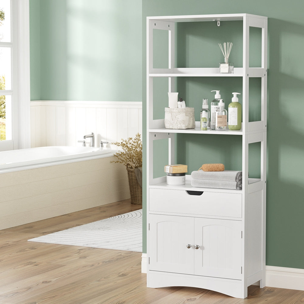 Bathroom Cabinets, Cupboards & Storage: Artiss Bathroom Floor Storage Cabinet with 2 Drawers 3 Open Shelves 2 Doors White