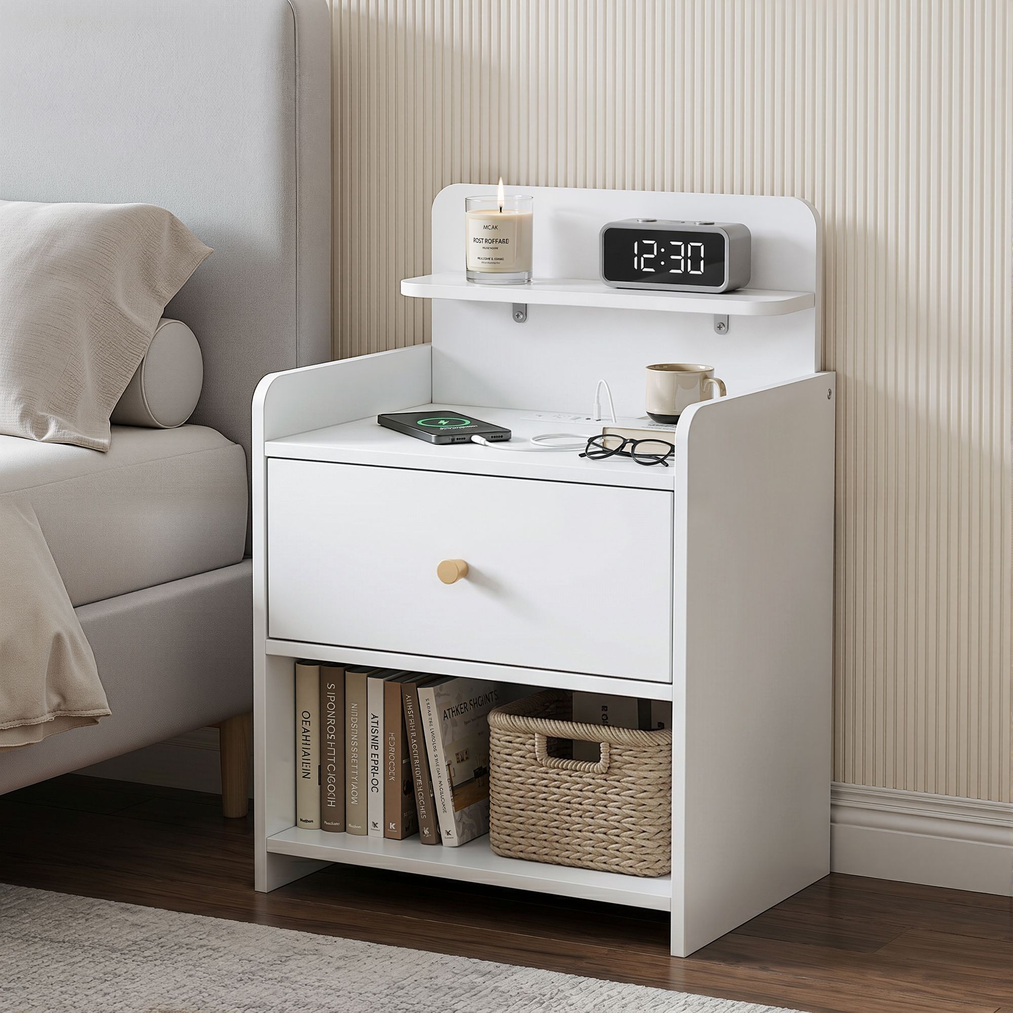 Artiss Bedside Table Drawer Charging Station White