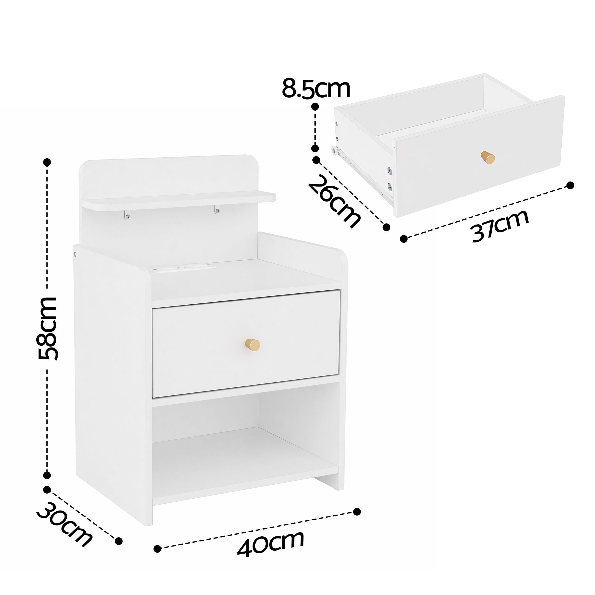 Artiss Bedside Table Drawer Charging Station White