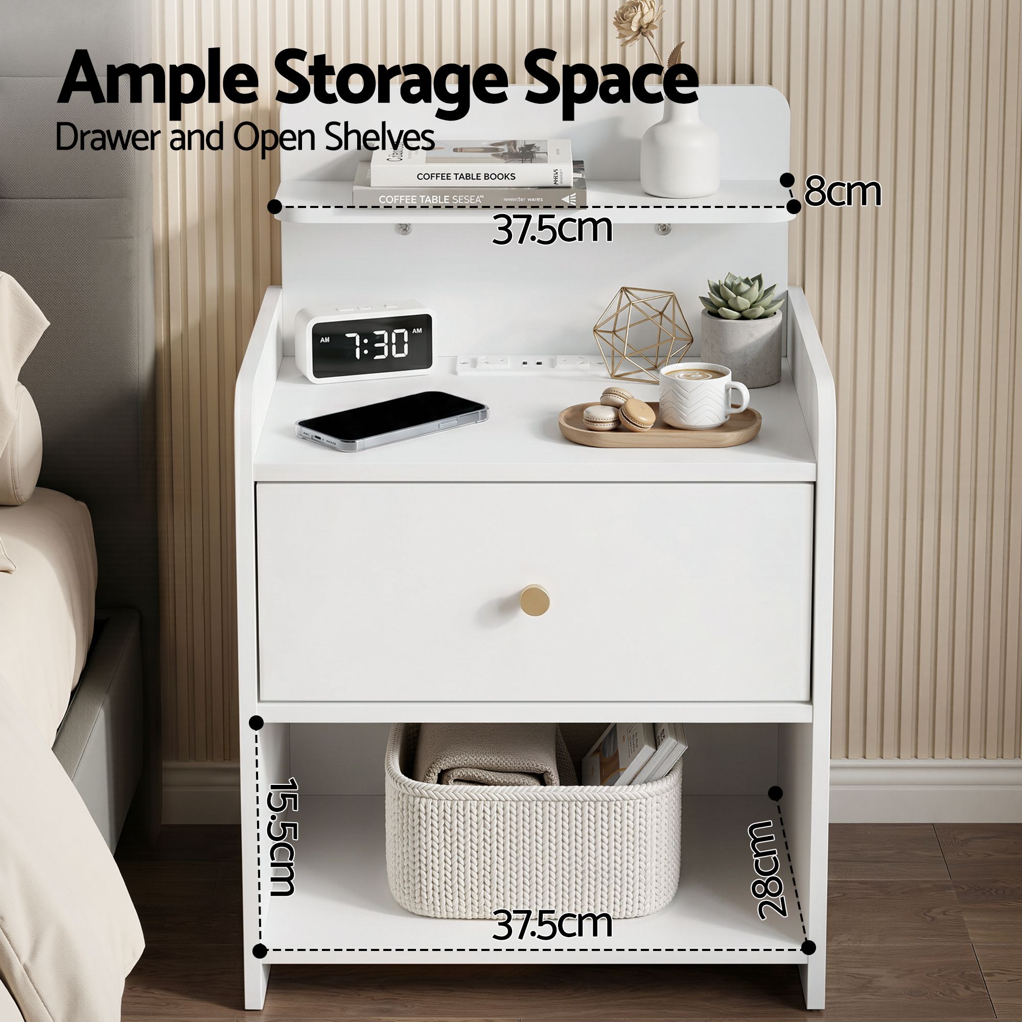 Artiss Bedside Table Drawer Charging Station White