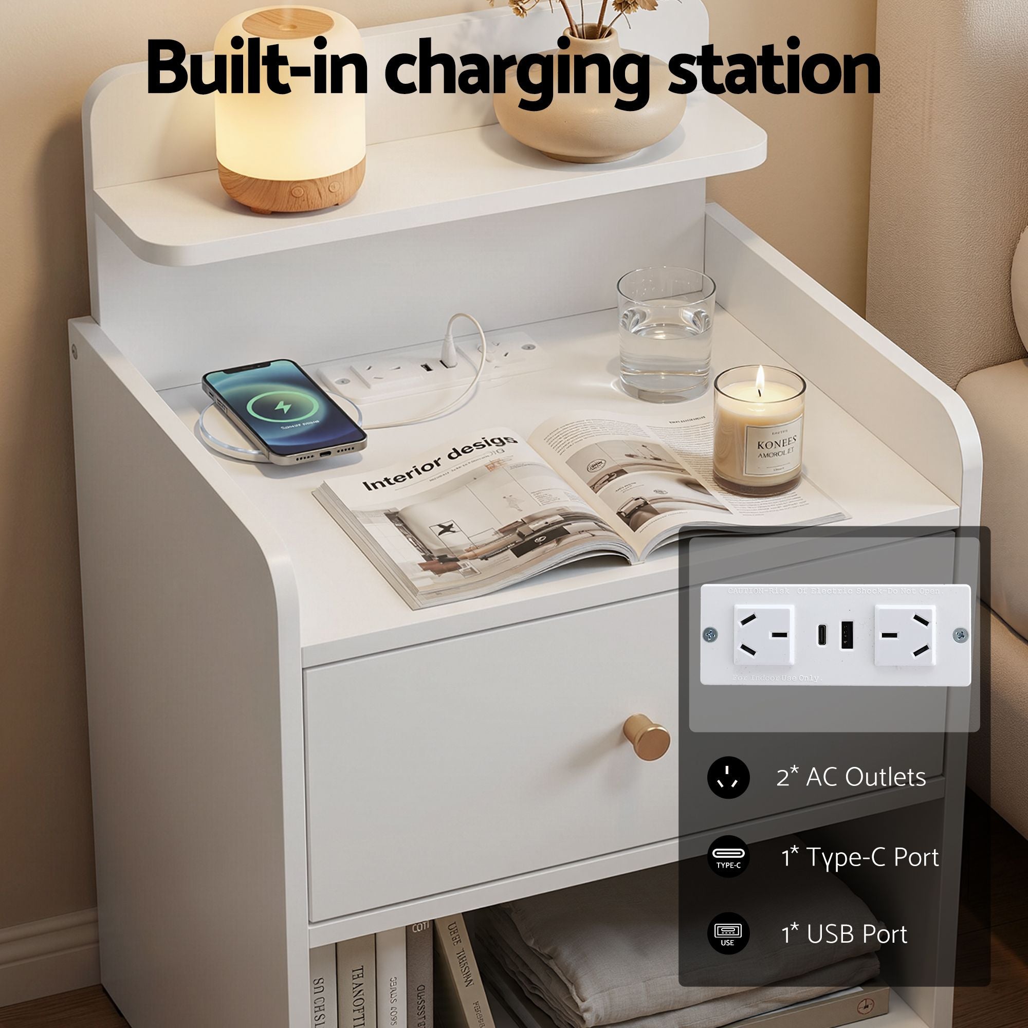 Artiss Bedside Table Drawer Charging Station White