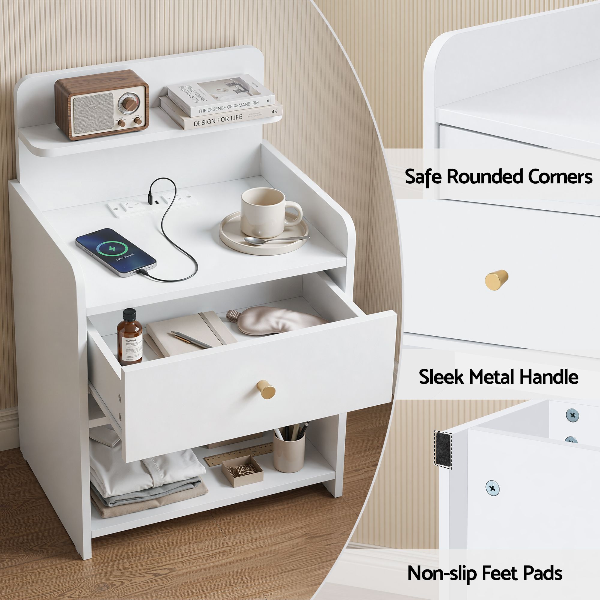 Artiss Bedside Table Drawer Charging Station White