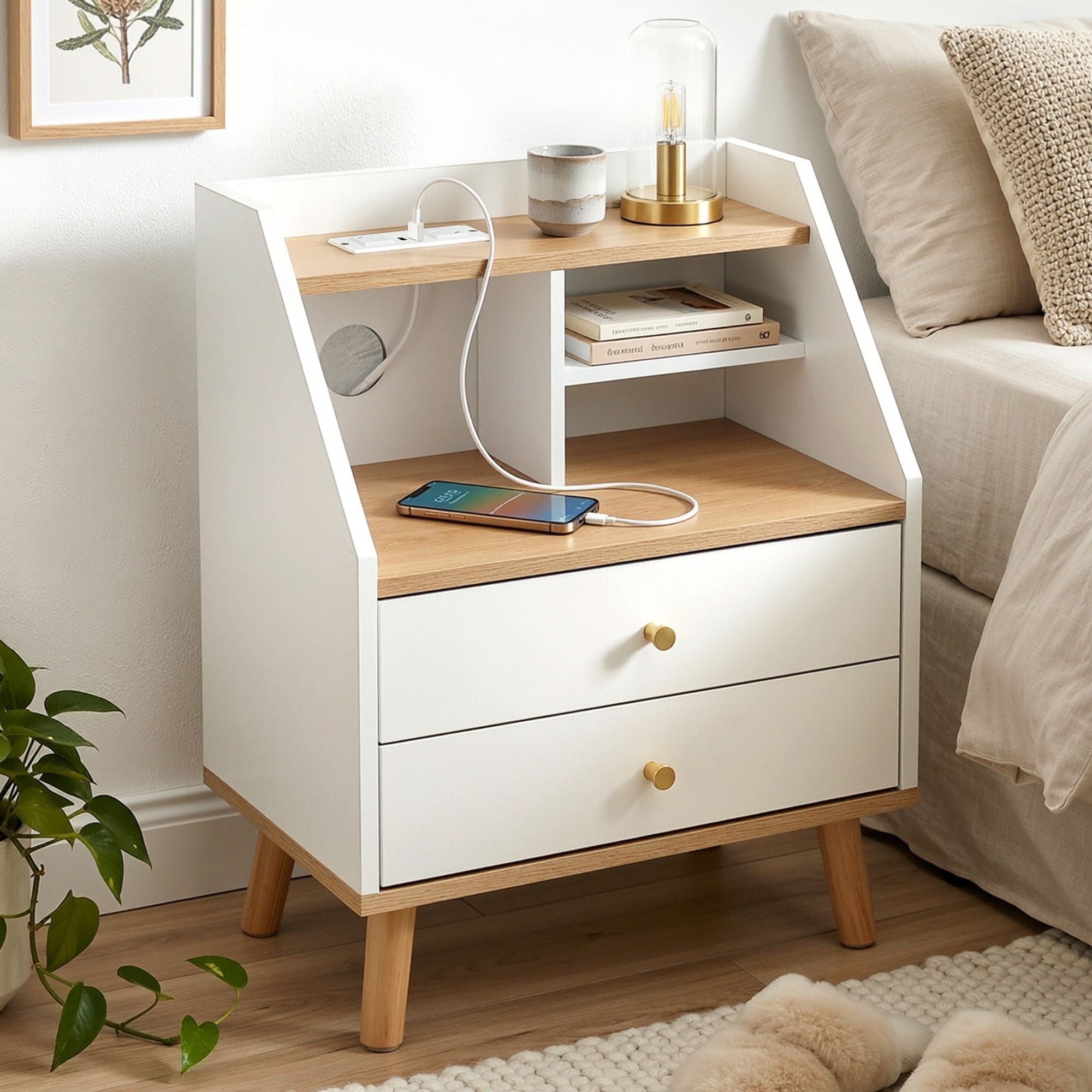 Artiss Bedside Table 2 Drawers Charging Station White and Pine