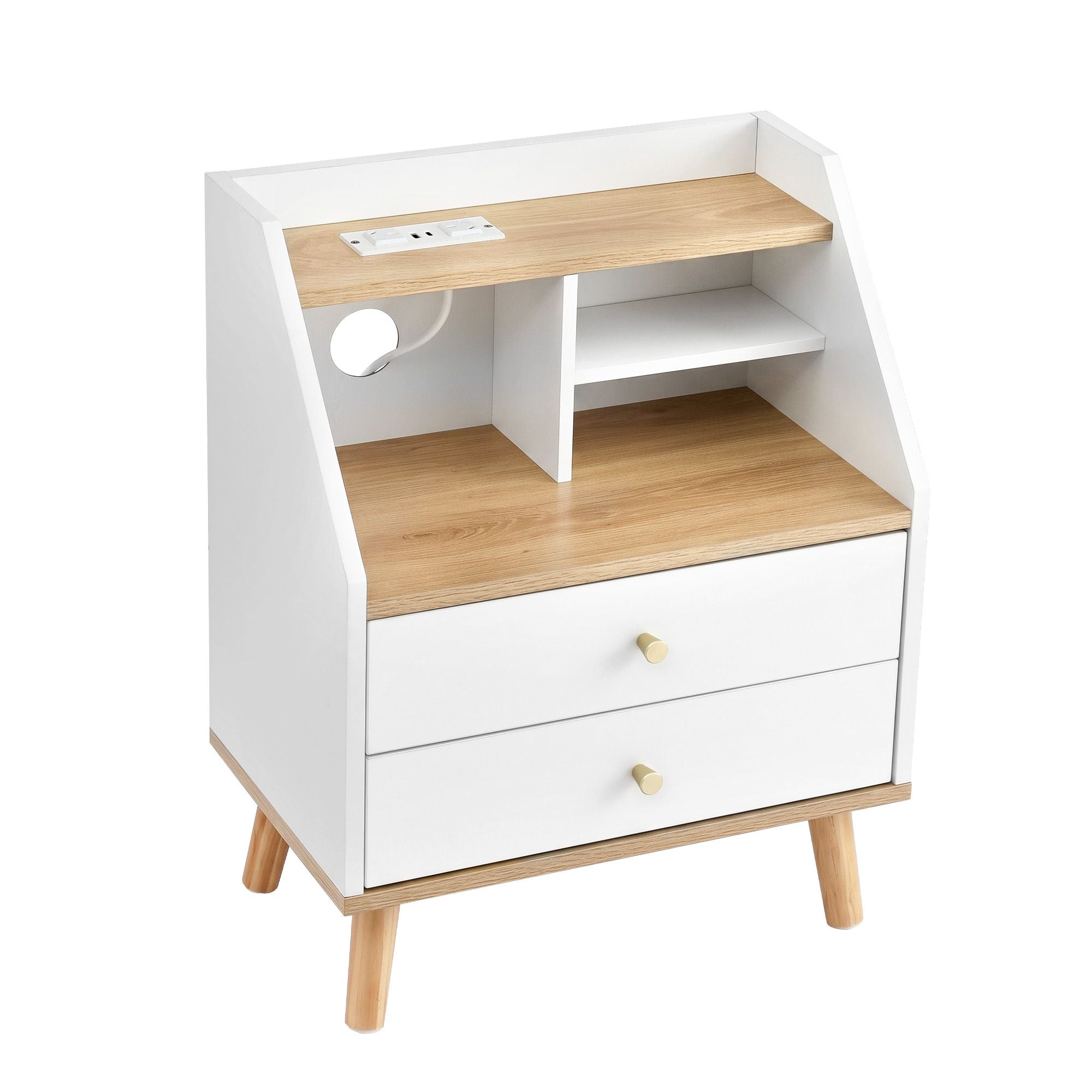 Artiss Bedside Table 2 Drawers Charging Station White and Pine