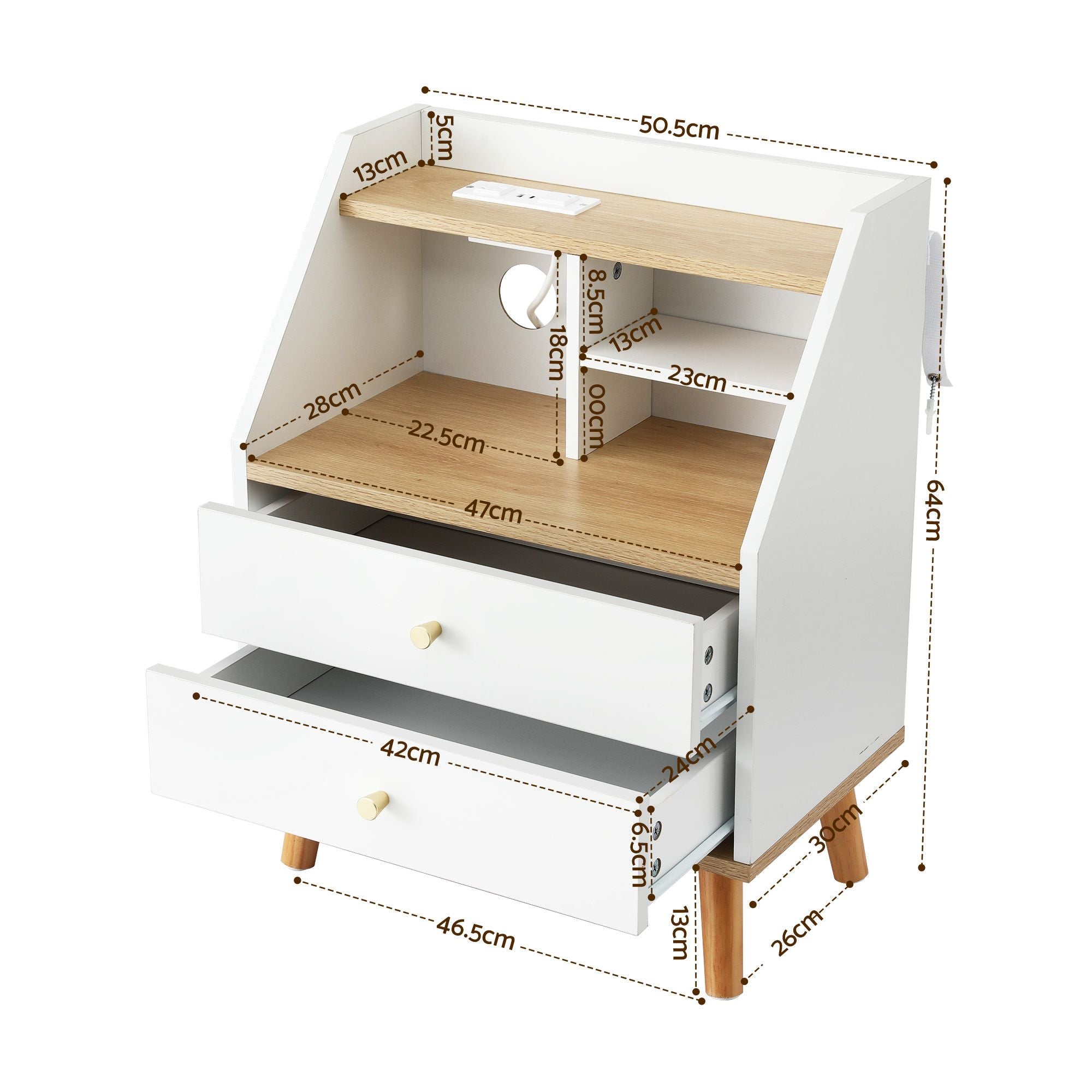 Artiss Bedside Table 2 Drawers Charging Station White and Pine