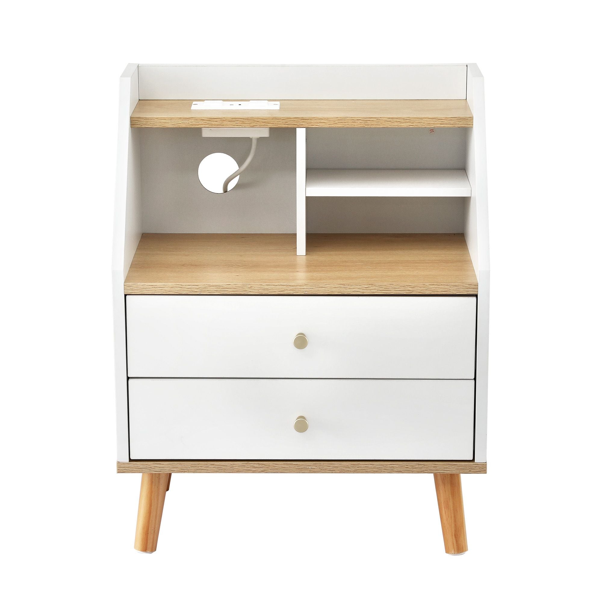Artiss Bedside Table 2 Drawers Charging Station White and Pine