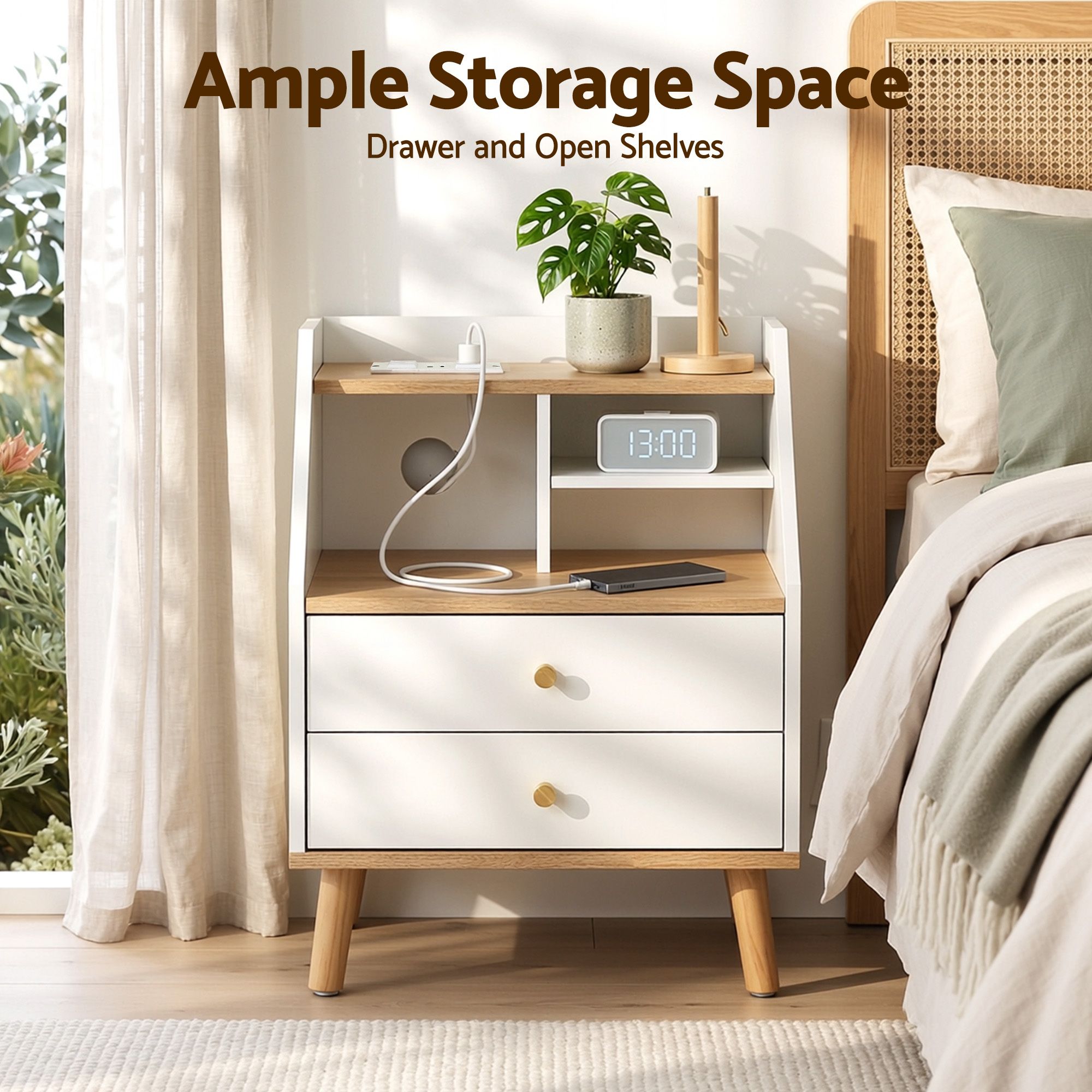 Artiss Bedside Table 2 Drawers Charging Station White and Pine