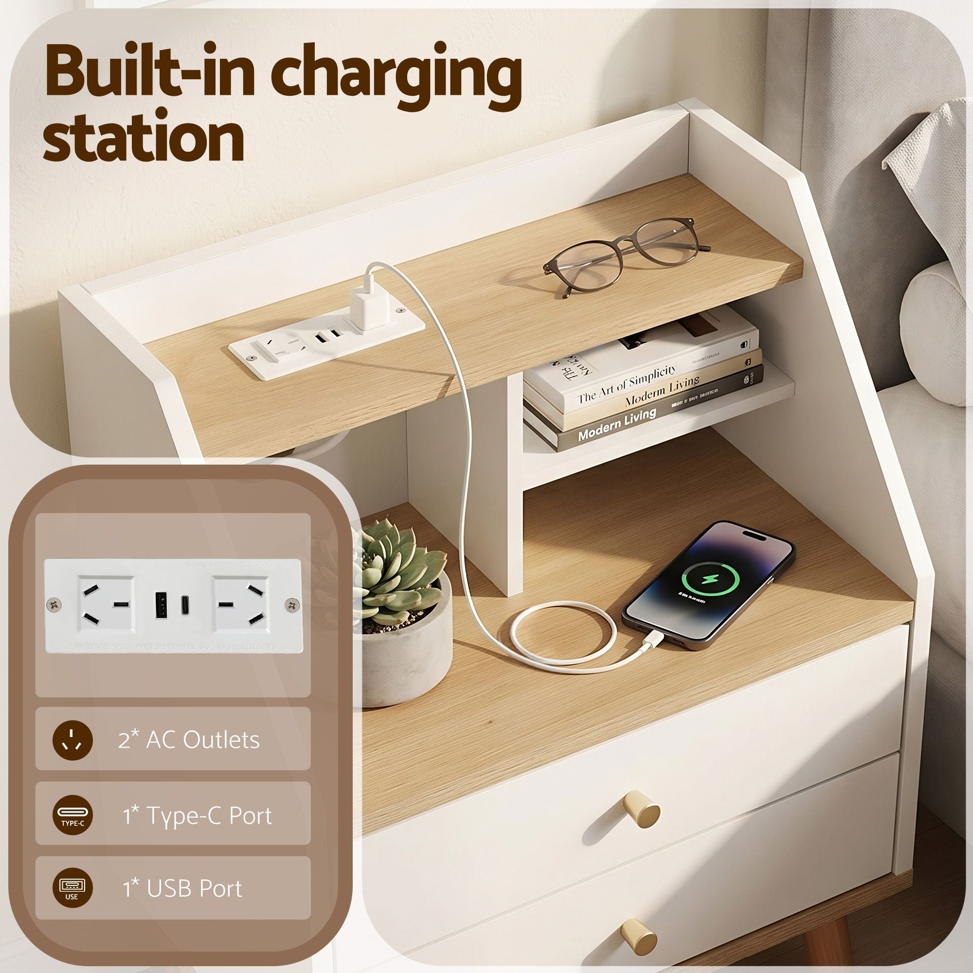 Artiss Bedside Table 2 Drawers Charging Station White and Pine