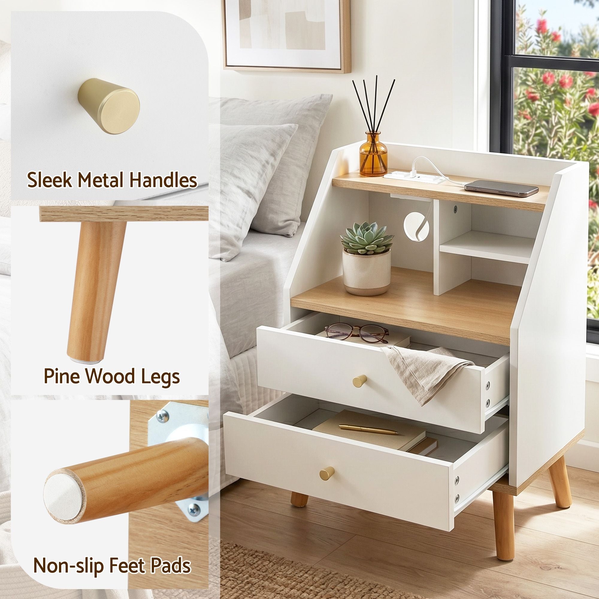 Artiss Bedside Table 2 Drawers Charging Station White and Pine