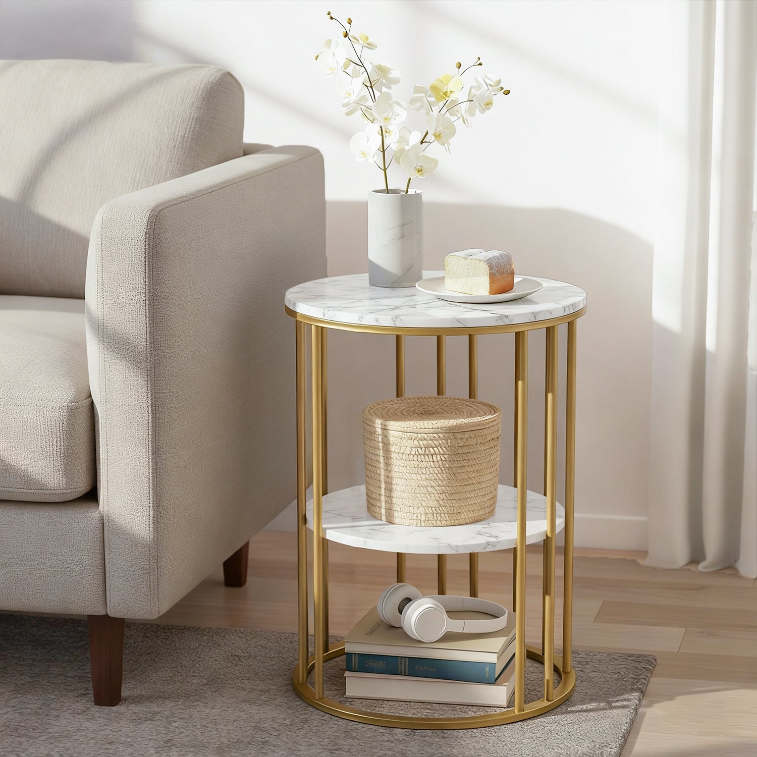 Coffee Tables: Artiss Coffee Table 2-Tier Round Marble Effect White&Gold