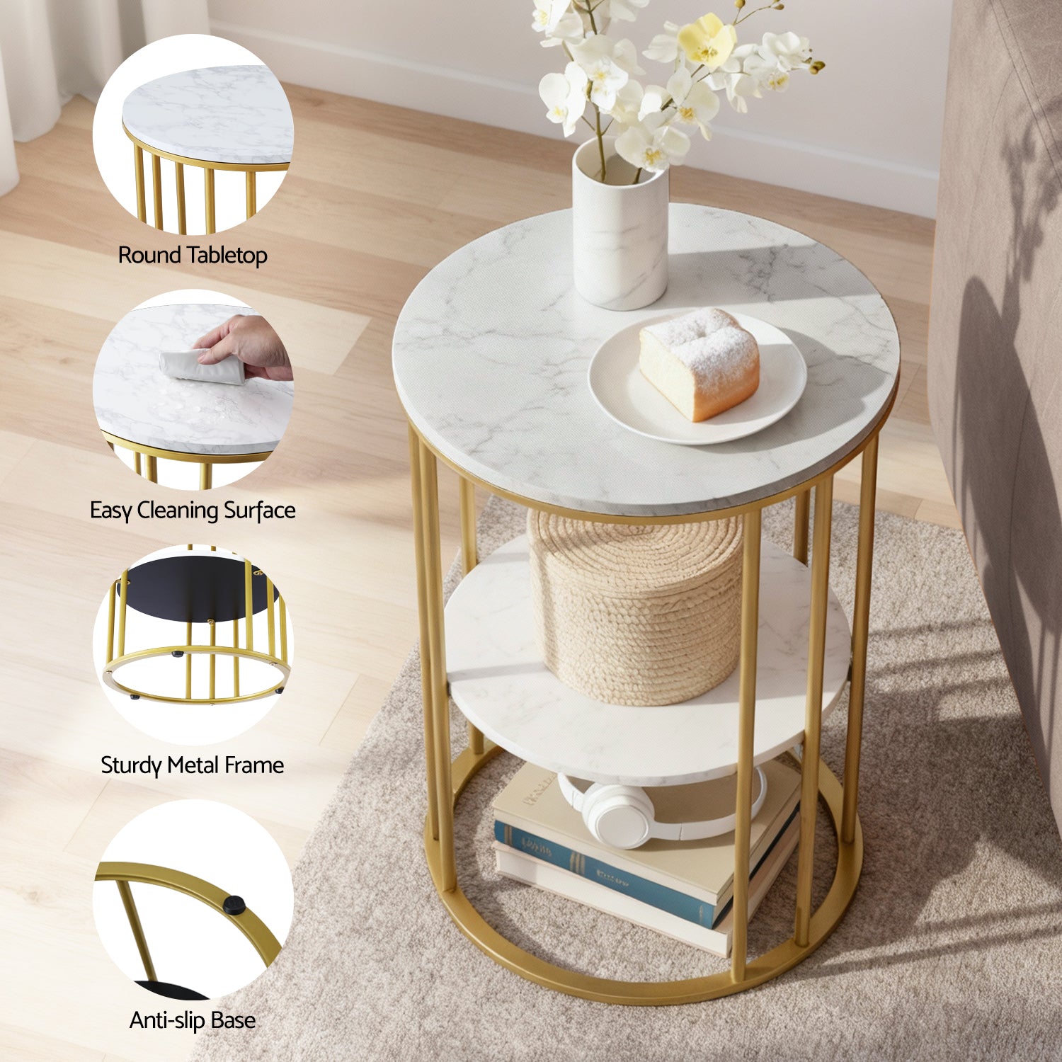 Coffee Tables: Artiss Coffee Table 2-Tier Round Marble Effect White&Gold
