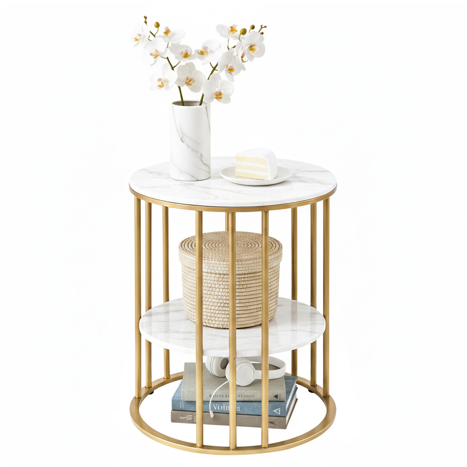Coffee Tables: Artiss Coffee Table 2-Tier Round Marble Effect White&Gold
