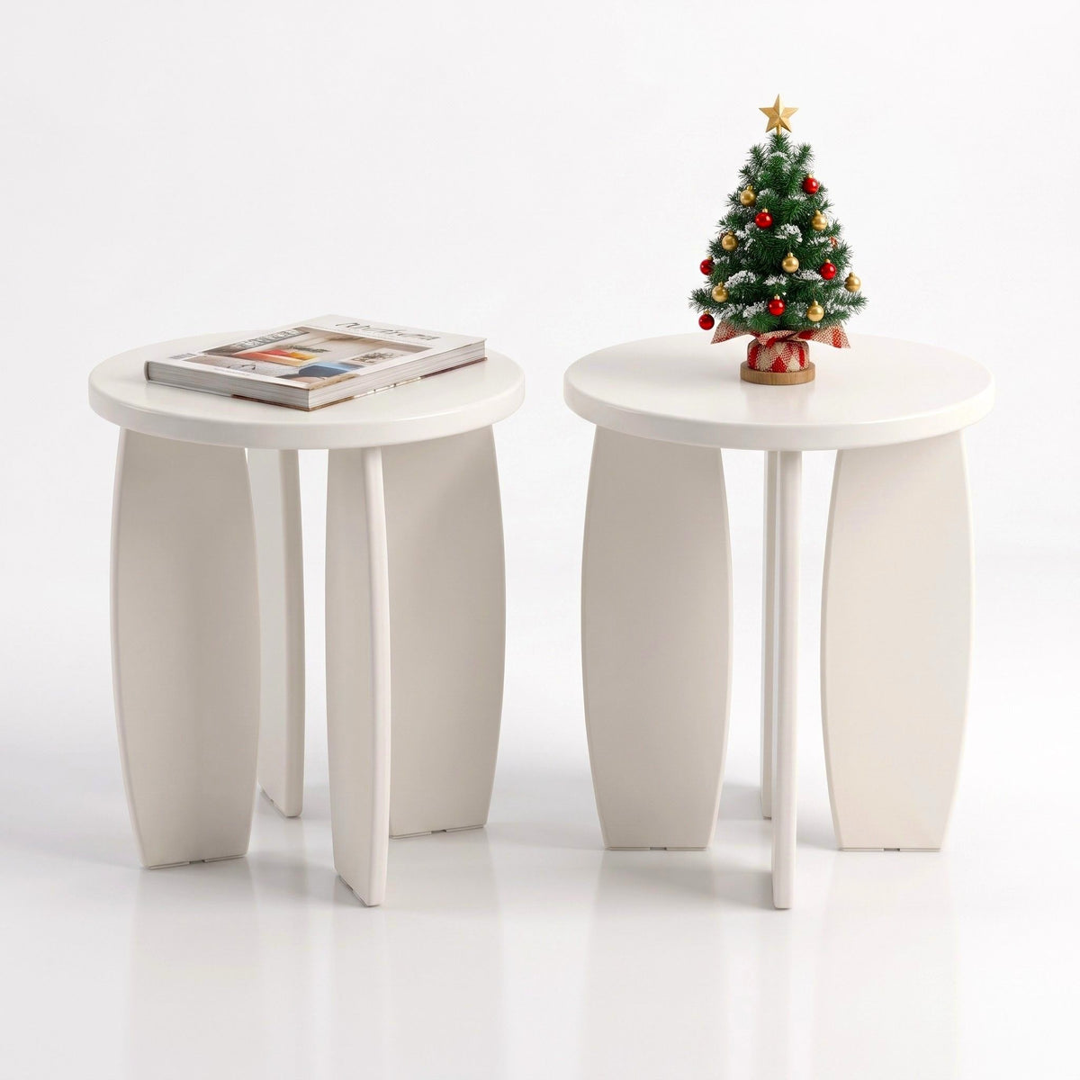 Artiss Round End Table Set Of 2 High-Gloss Coffee Table Bedside Nightstand 40x45cm Cream white