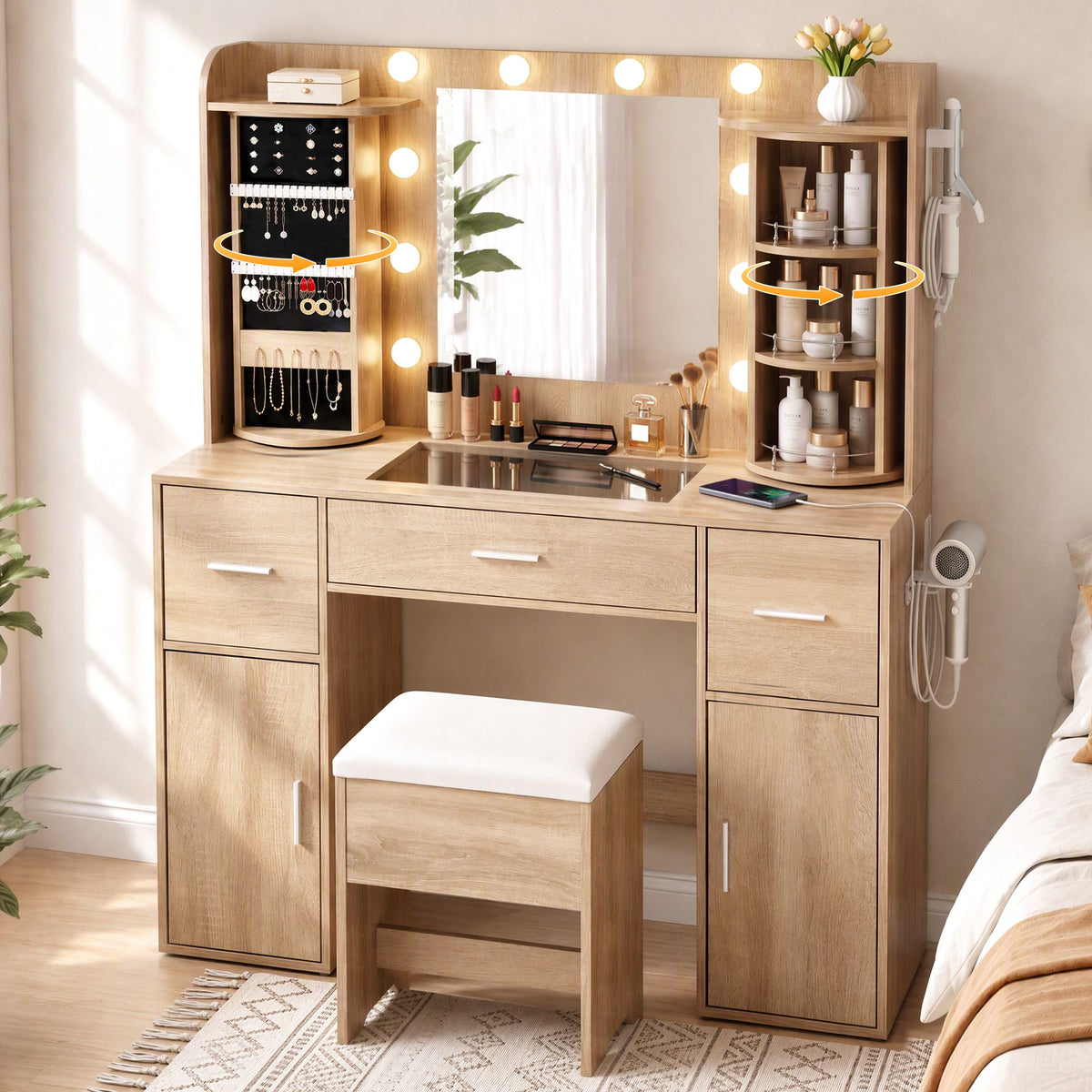 Artiss Dressing Table Vanity Desk LED Mirror Stool Set Charging Station Glass Top Rotating Shelf Wood