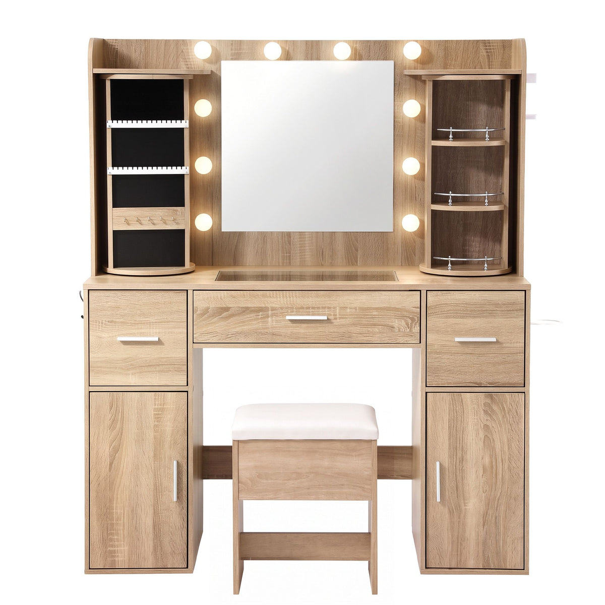 Artiss Dressing Table Vanity Desk LED Mirror Stool Set Charging Station Glass Top Rotating Shelf Wood