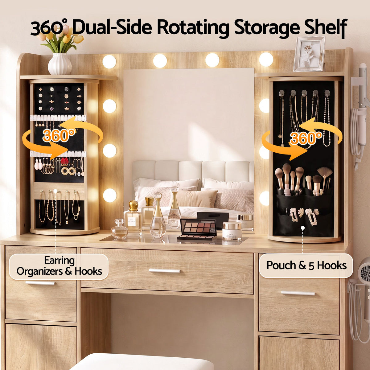 Artiss Dressing Table Vanity Desk LED Mirror Stool Set Charging Station Glass Top Rotating Shelf Wood