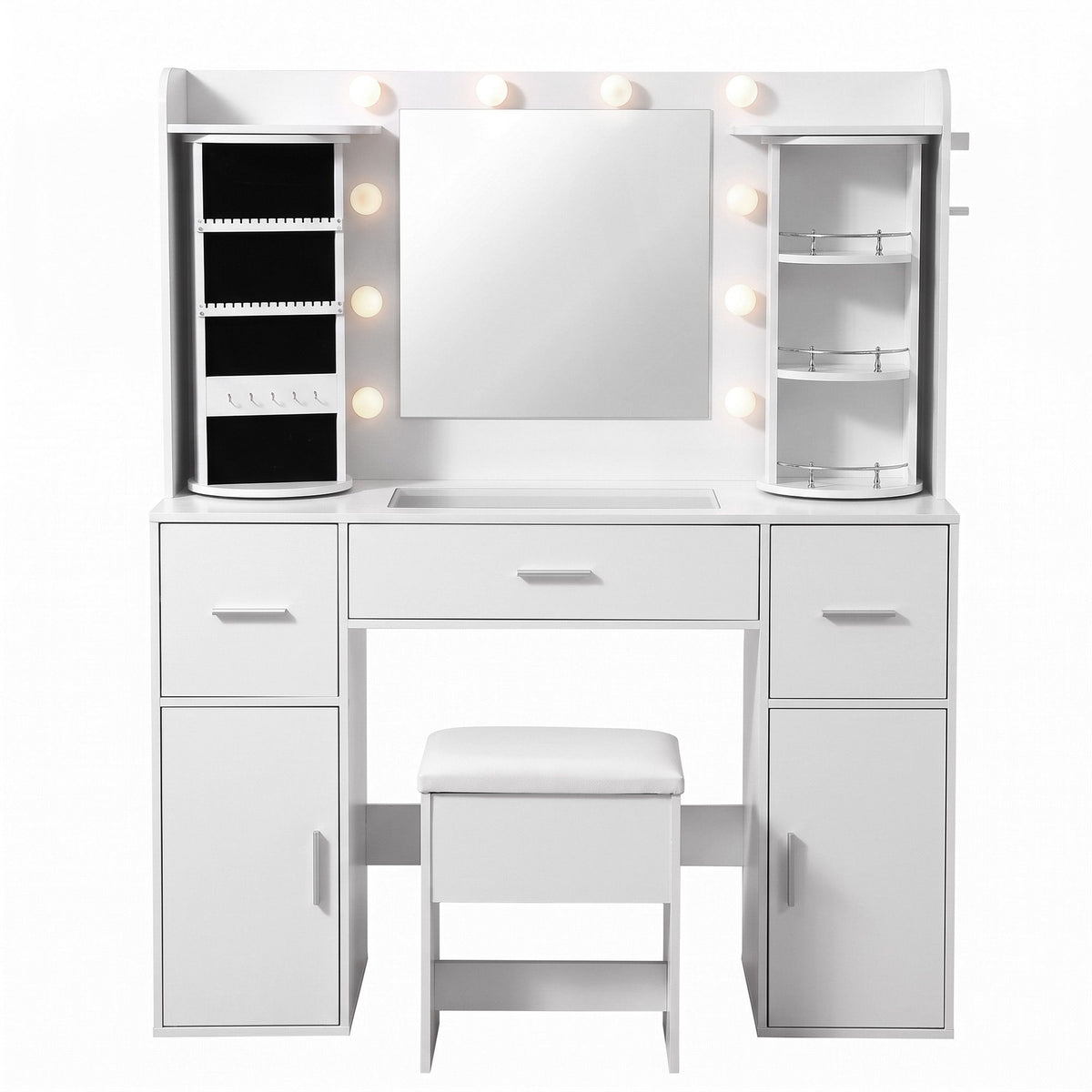 Artiss Dressing Table Vanity Desk LED Mirror Stool Set Charging Station Glass Top Rotating Shelf White