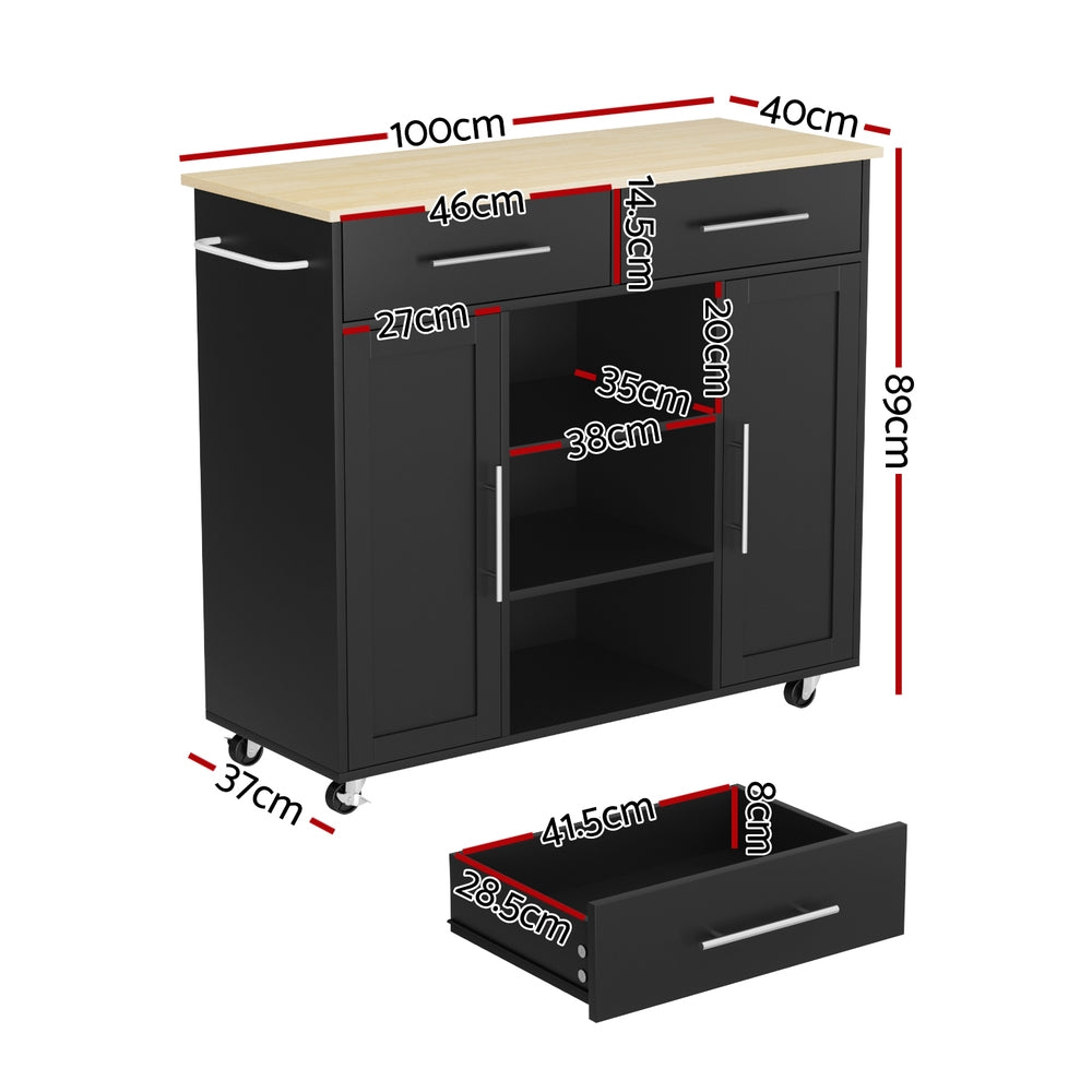 Work Benches: Artiss Kitchen Island Trolley Rolling Serving Cart Storage Drawer Cabinet 100cm Black