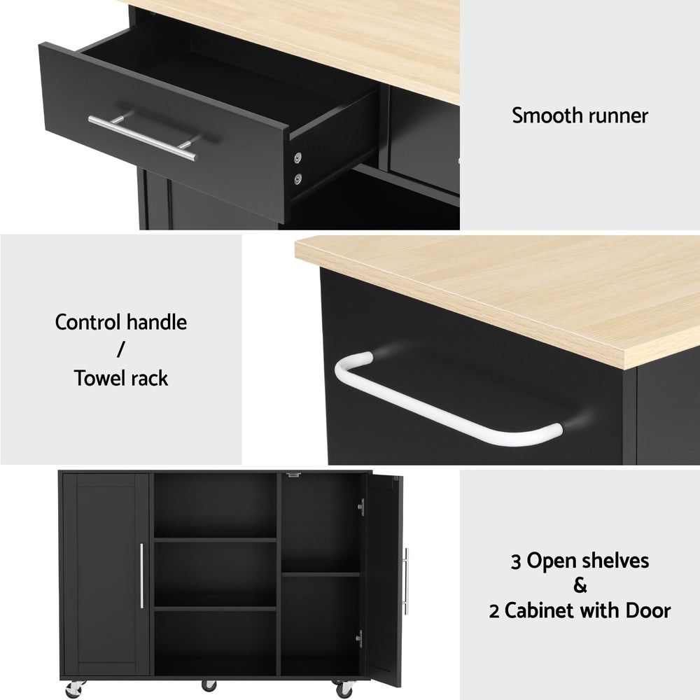 Work Benches: Artiss Kitchen Island Trolley Rolling Serving Cart Storage Drawer Cabinet 100cm Black