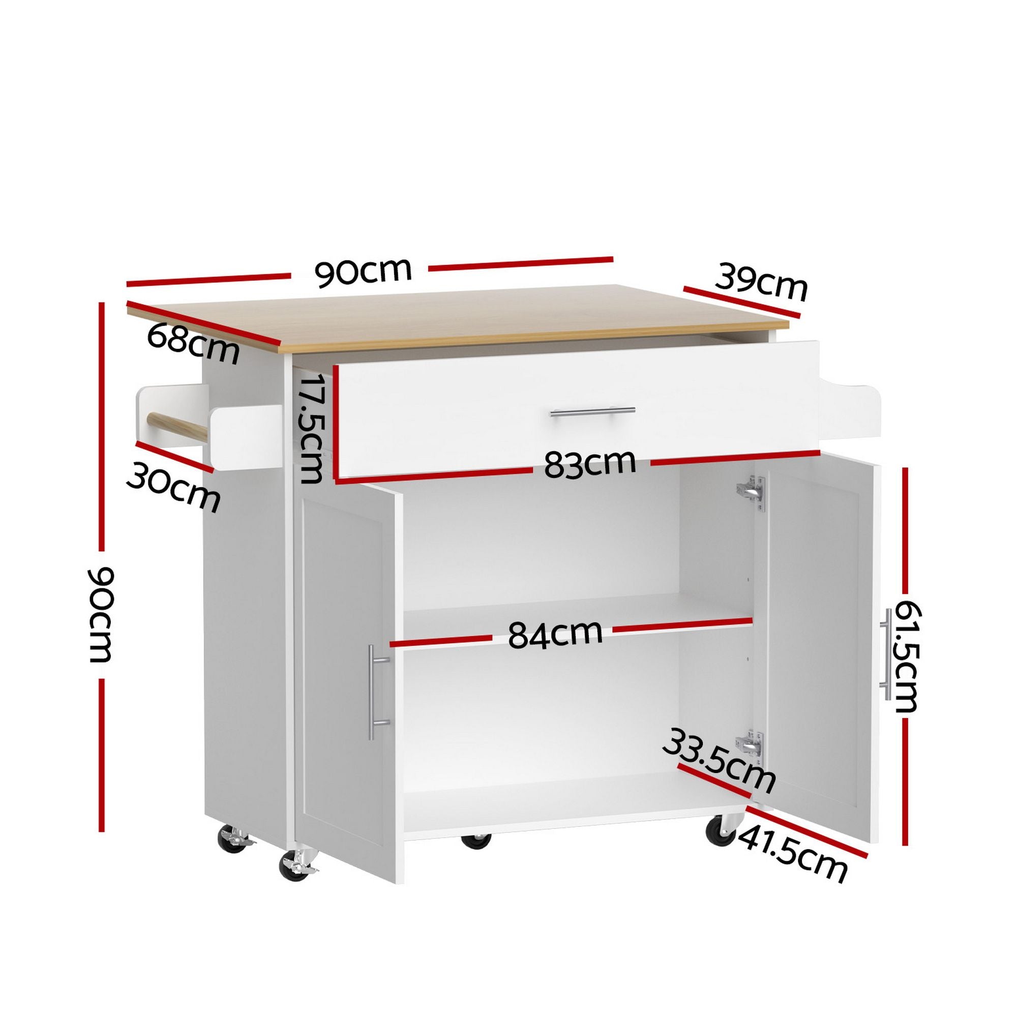 Artiss Kitchen Island Trolley Rolling Serving Cart Storage Drawer Cabinet 90cm White