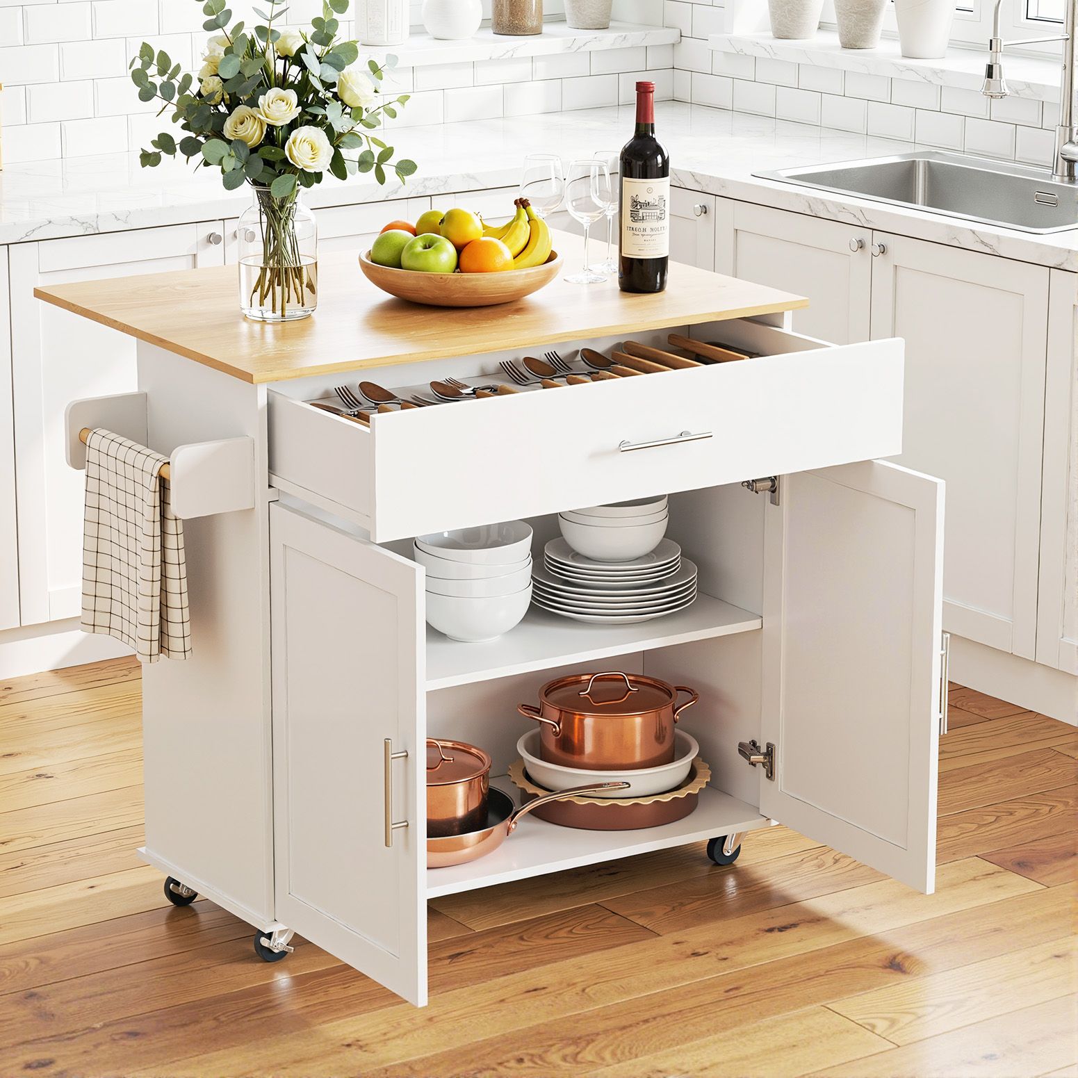 Artiss Kitchen Island Trolley Rolling Serving Cart Storage Drawer Cabinet 90cm White