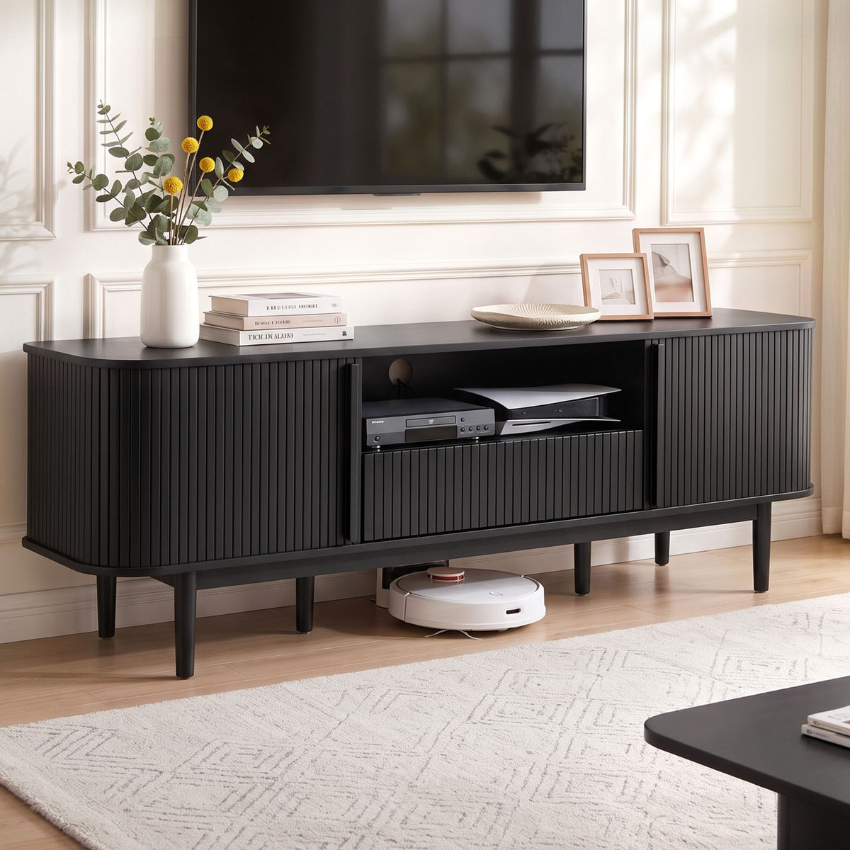 Artiss 160cm TV Unit Storage Drawer Curved Edge Sliding Fluted Style Door Black