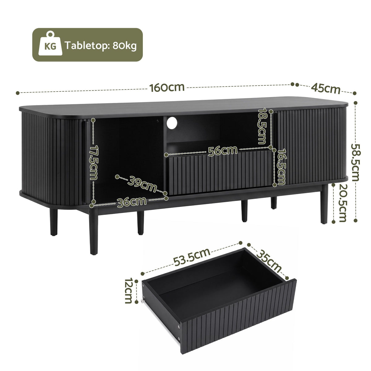 Artiss 160cm TV Unit Storage Drawer Curved Edge Sliding Fluted Style Door Black