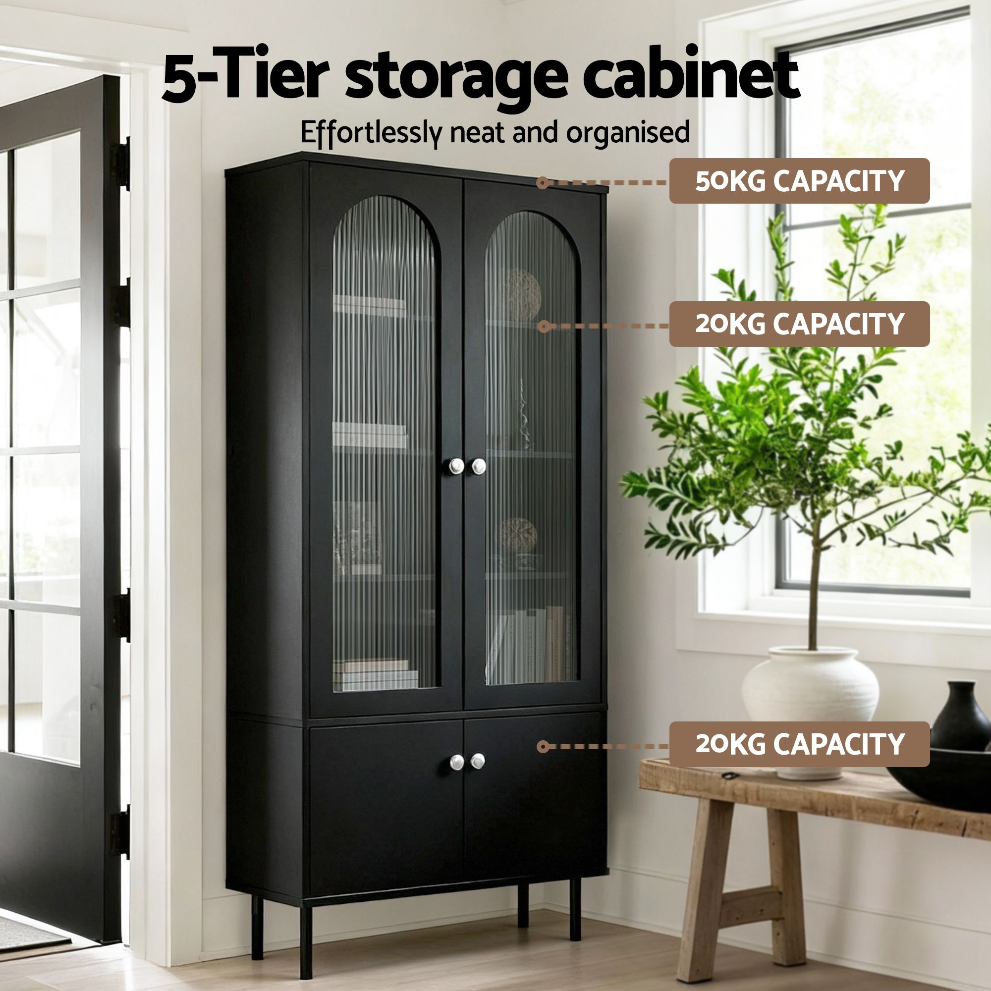 Artiss 2x Buffet Sideboard Cabinet Pantry 5-Tier Storage Cupboard Fluted Black
