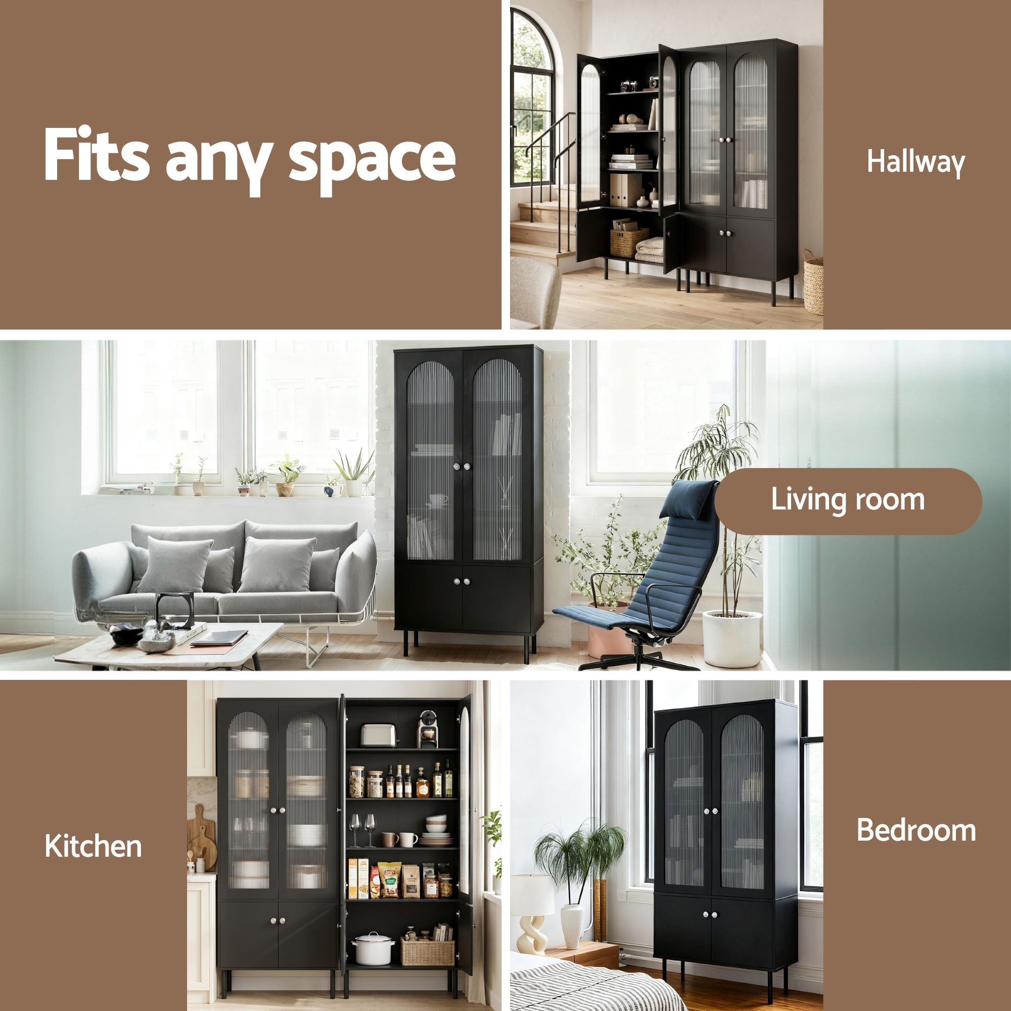 Artiss 2x Buffet Sideboard Cabinet Pantry 5-Tier Storage Cupboard Fluted Black