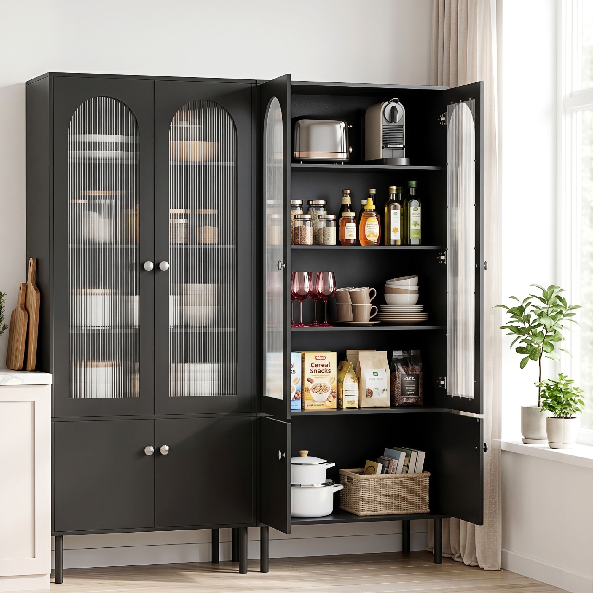 Artiss 2x Buffet Sideboard Cabinet Pantry 5-Tier Storage Cupboard Fluted Black