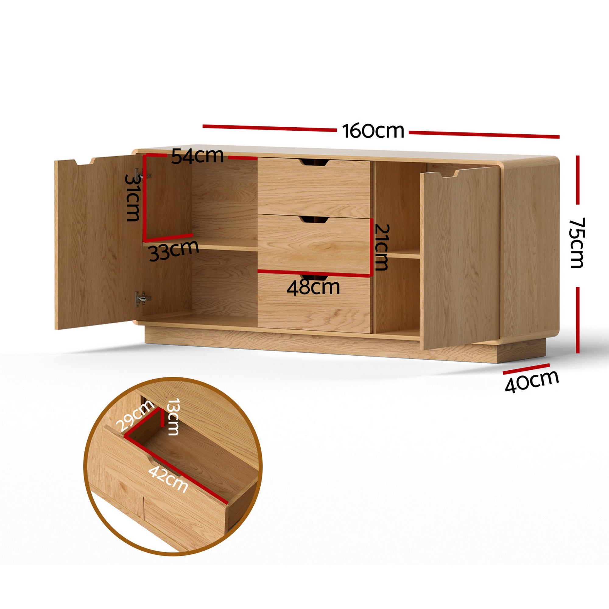 Buffets & Sideboards: Artiss Buffet Sideboard Cabinet Storage Kitchen Cupboard Drawers Round Edge Oak