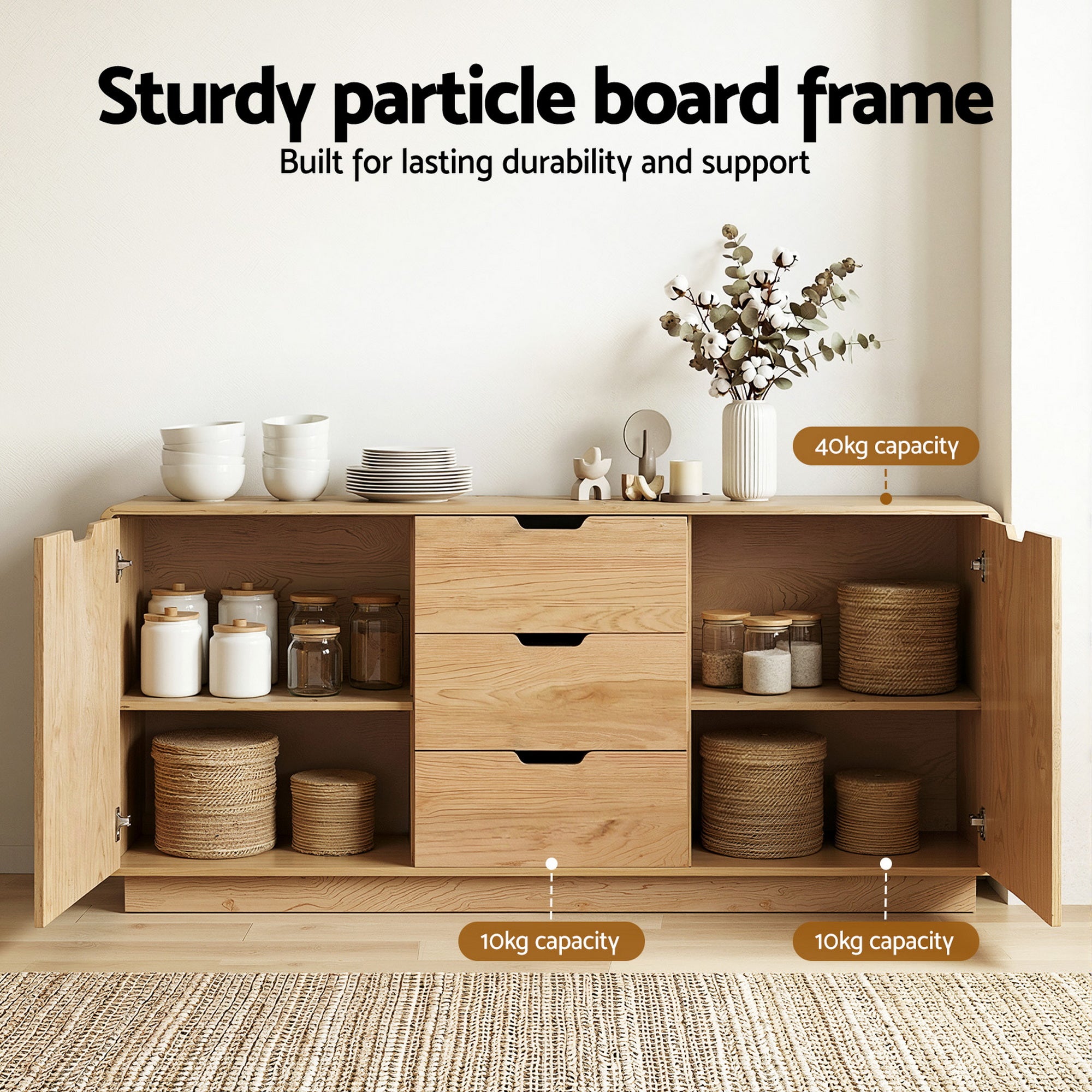 Buffets & Sideboards: Artiss Buffet Sideboard Cabinet Storage Kitchen Cupboard Drawers Round Edge Oak