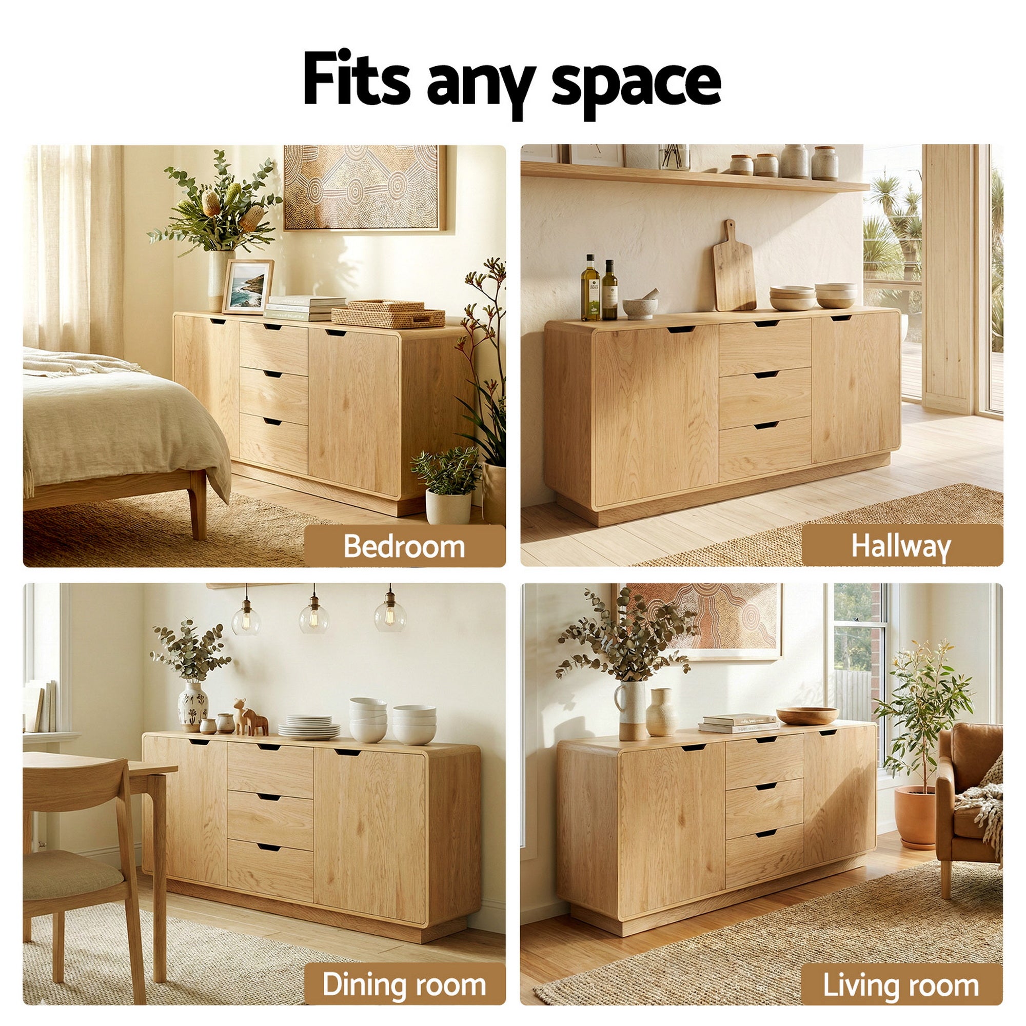Buffets & Sideboards: Artiss Buffet Sideboard Cabinet Storage Kitchen Cupboard Drawers Round Edge Oak