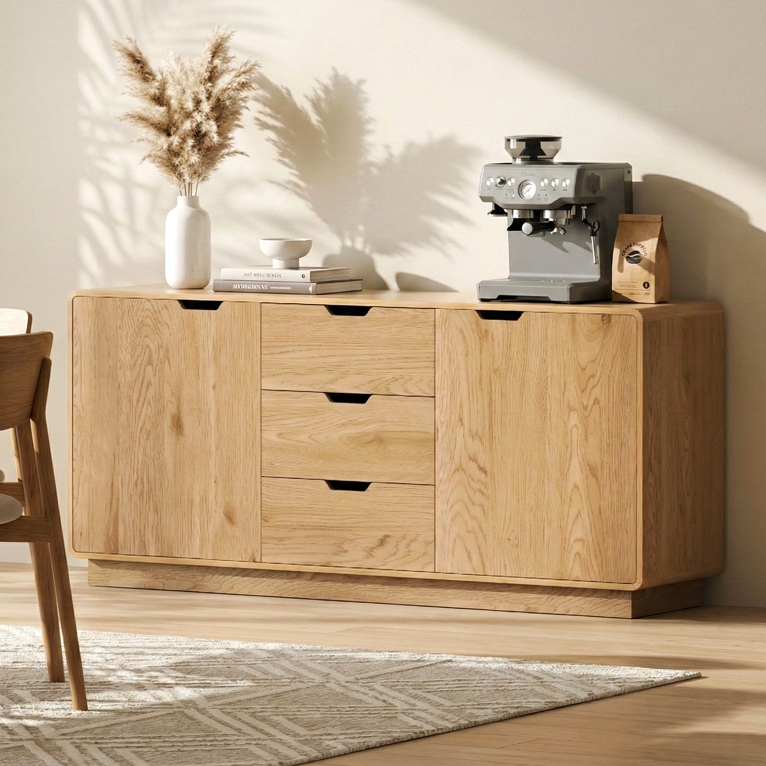 Buffets & Sideboards: Artiss Buffet Sideboard Cabinet Storage Kitchen Cupboard Drawers Round Edge Oak