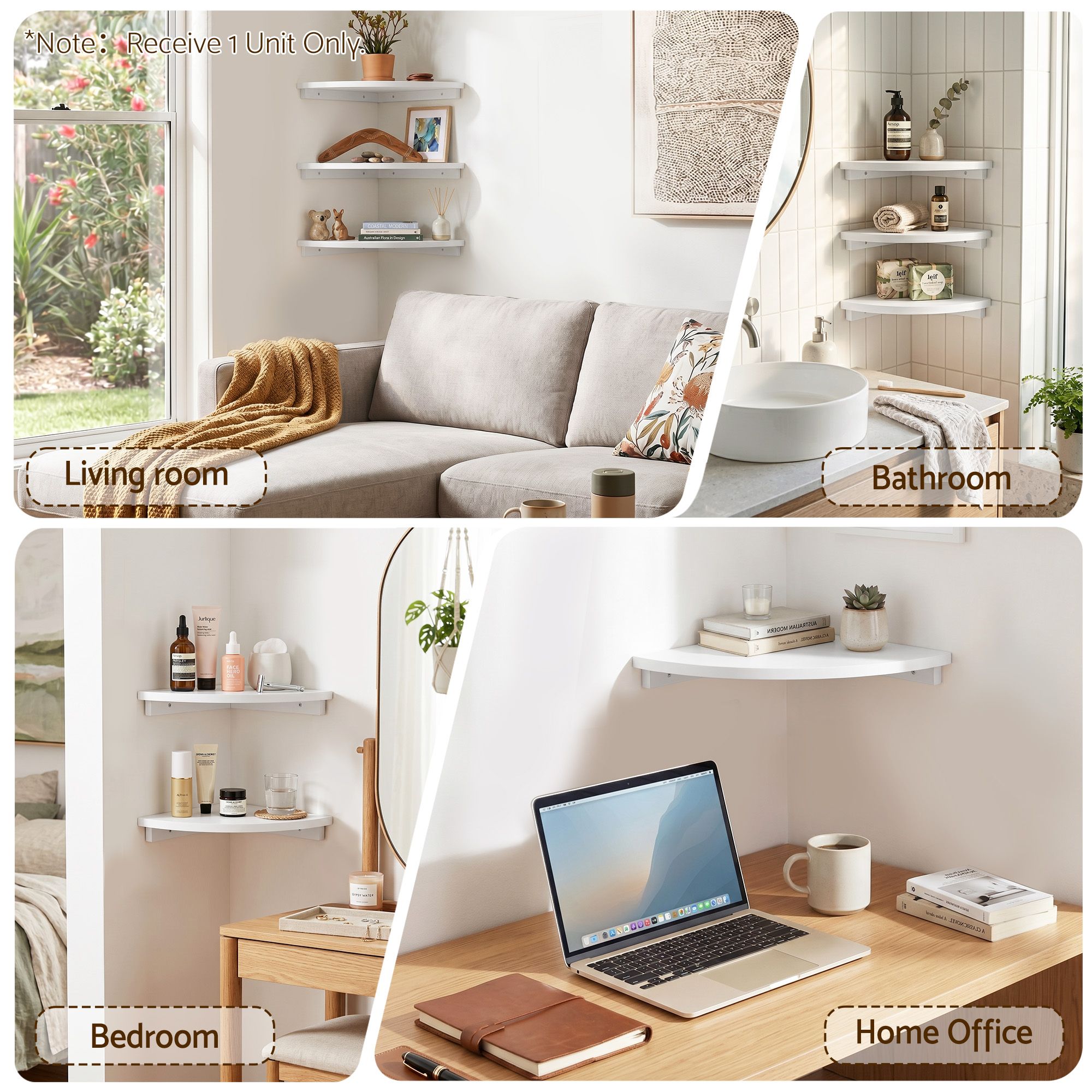 Artiss Corner Floating Wall Shelf Wall Mounted Display Rack Round Edge White 1pc
