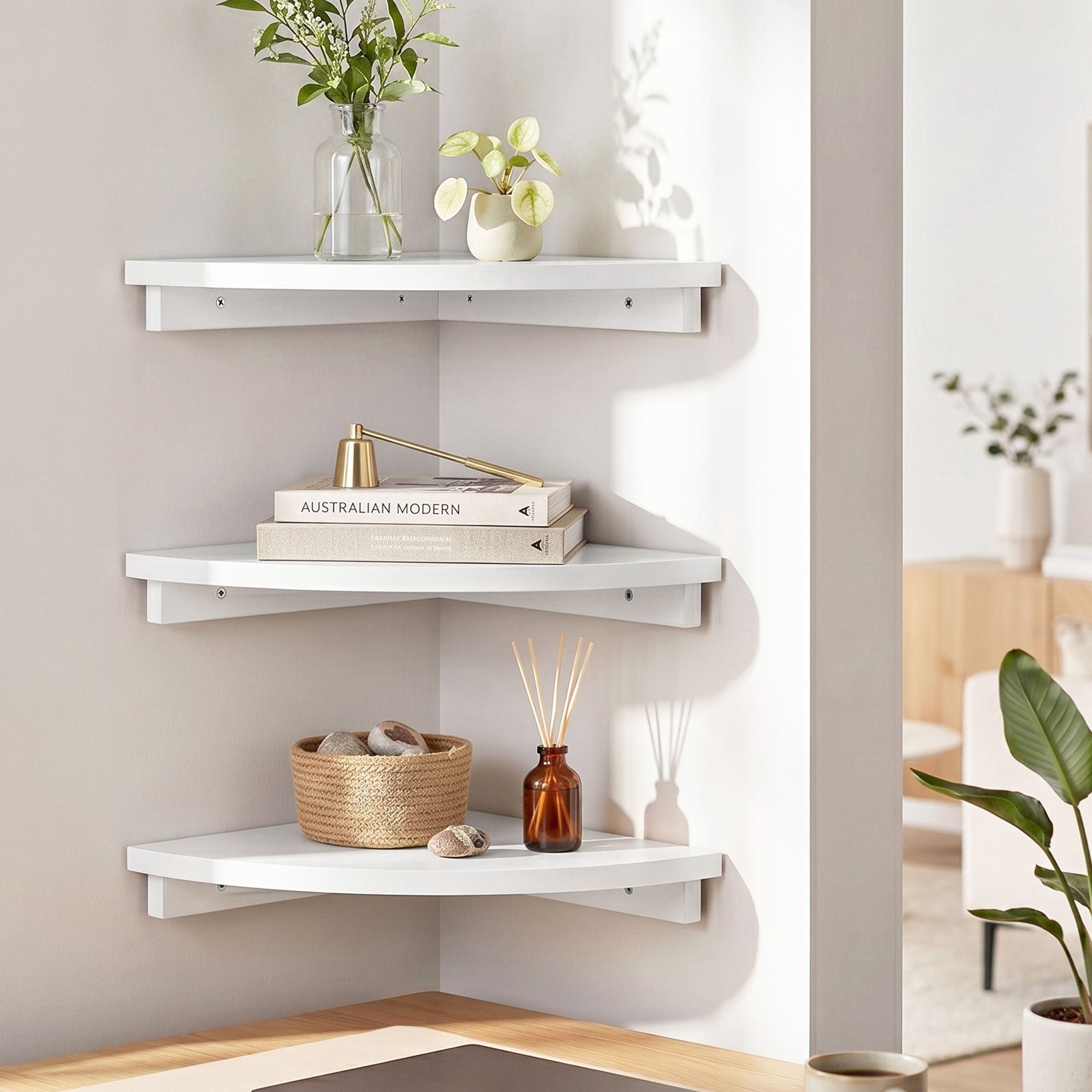 Artiss 3pc Corner Floating Wall Shelf Wall Mounted Display Rack Round Edge White