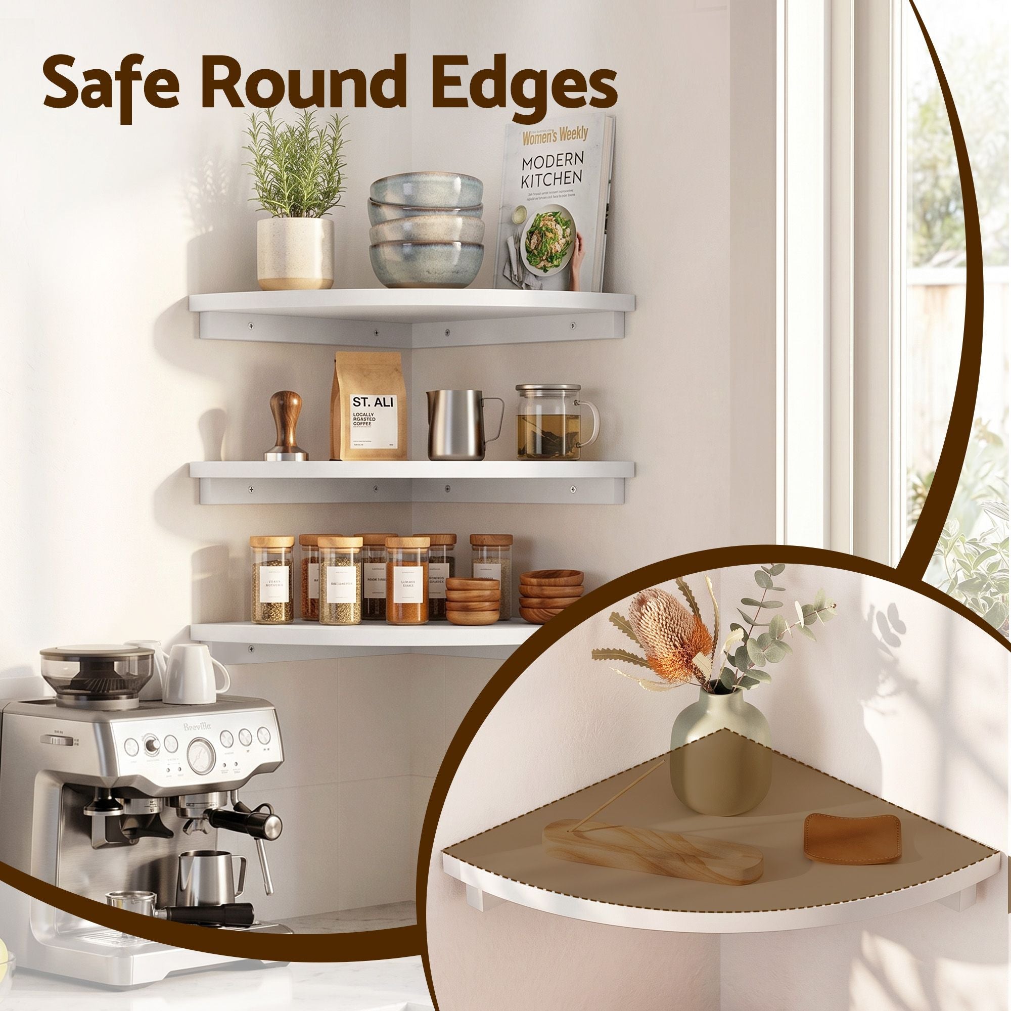 Artiss 3pc Corner Floating Wall Shelf Wall Mounted Display Rack Round Edge White