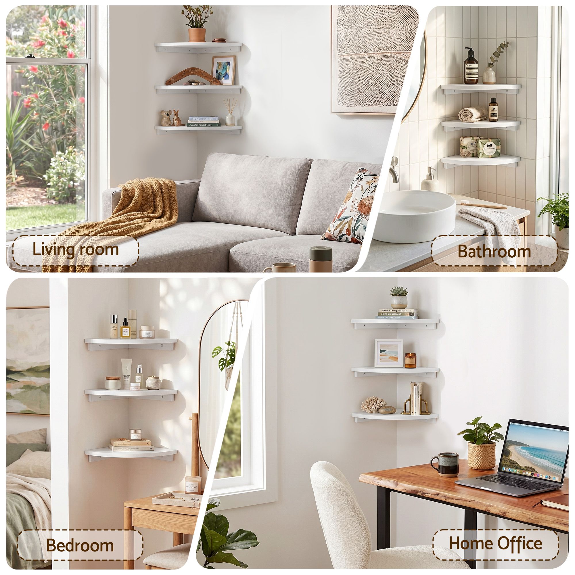 Artiss 3pc Corner Floating Wall Shelf Wall Mounted Display Rack Round Edge White