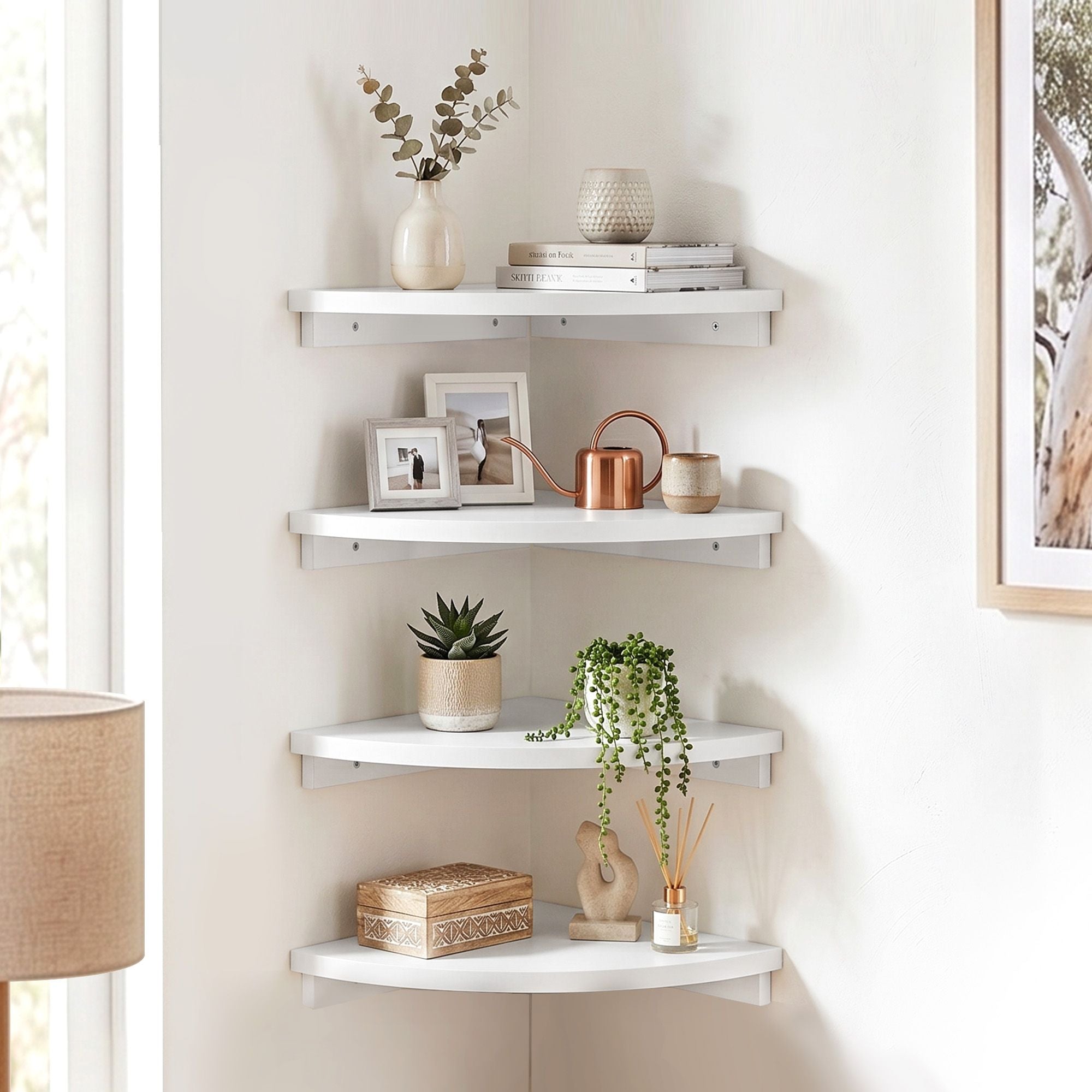 Artiss 4pc Corner Floating Wall Shelf Wall Mounted Display Rack Round Edge White