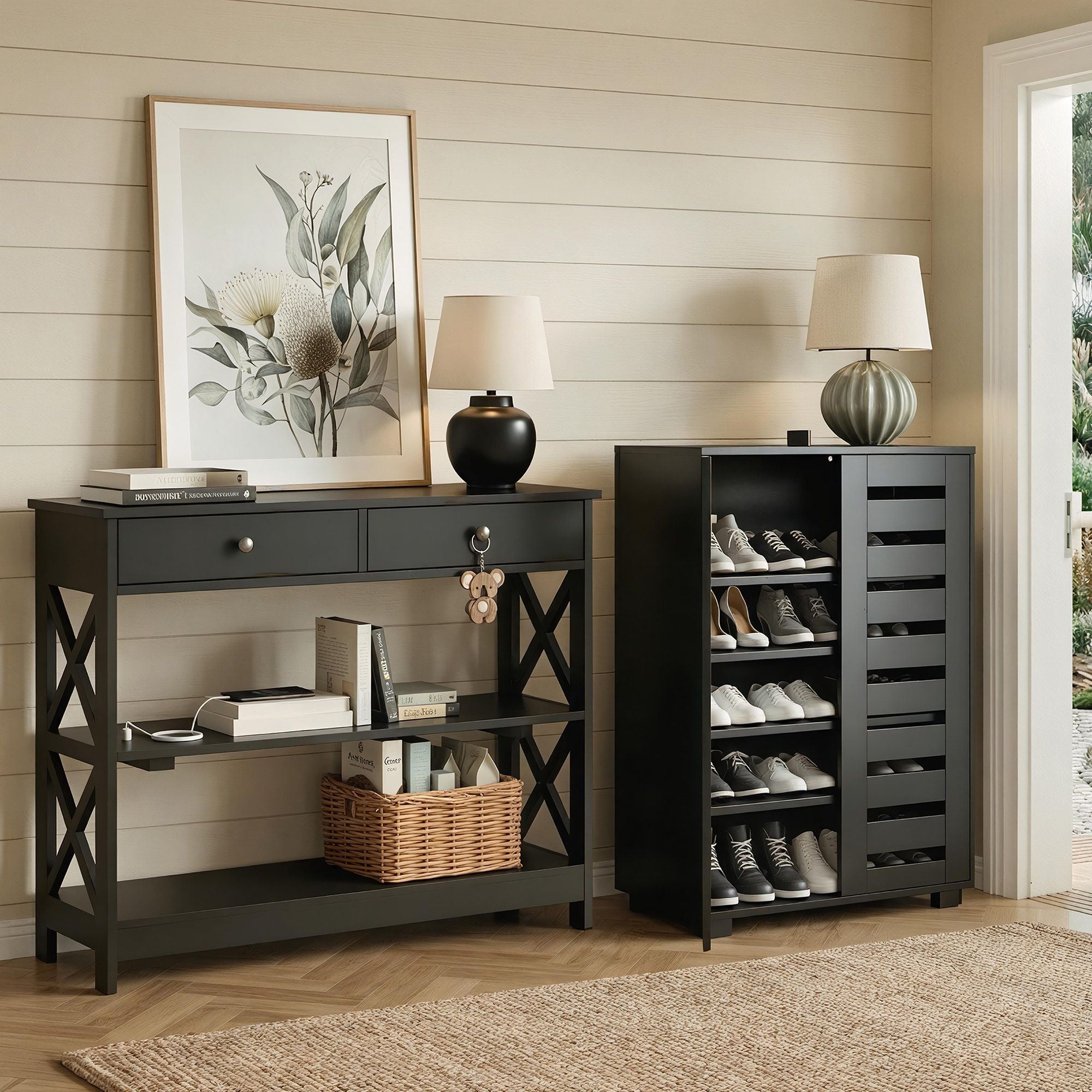 Artiss Shoe Rack Cabinet & Console Table Set Storage Shelf Black