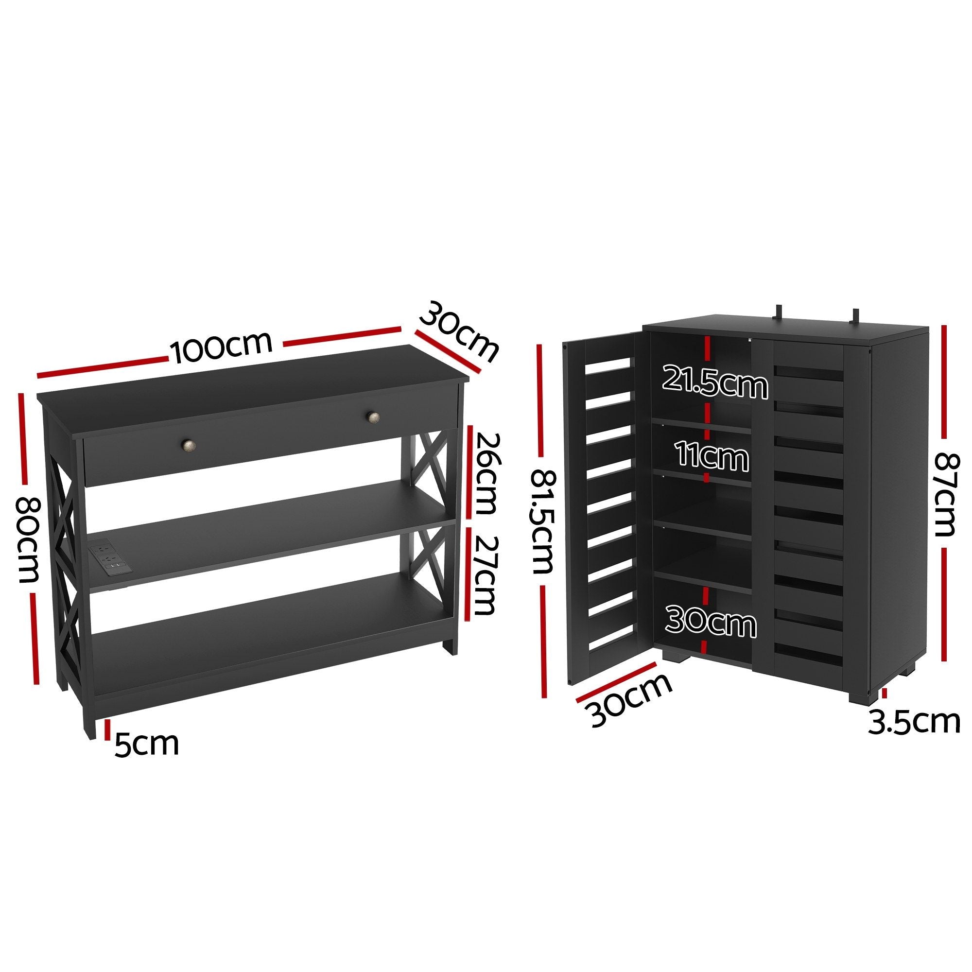Artiss Shoe Rack Cabinet & Console Table Set Storage Shelf Black
