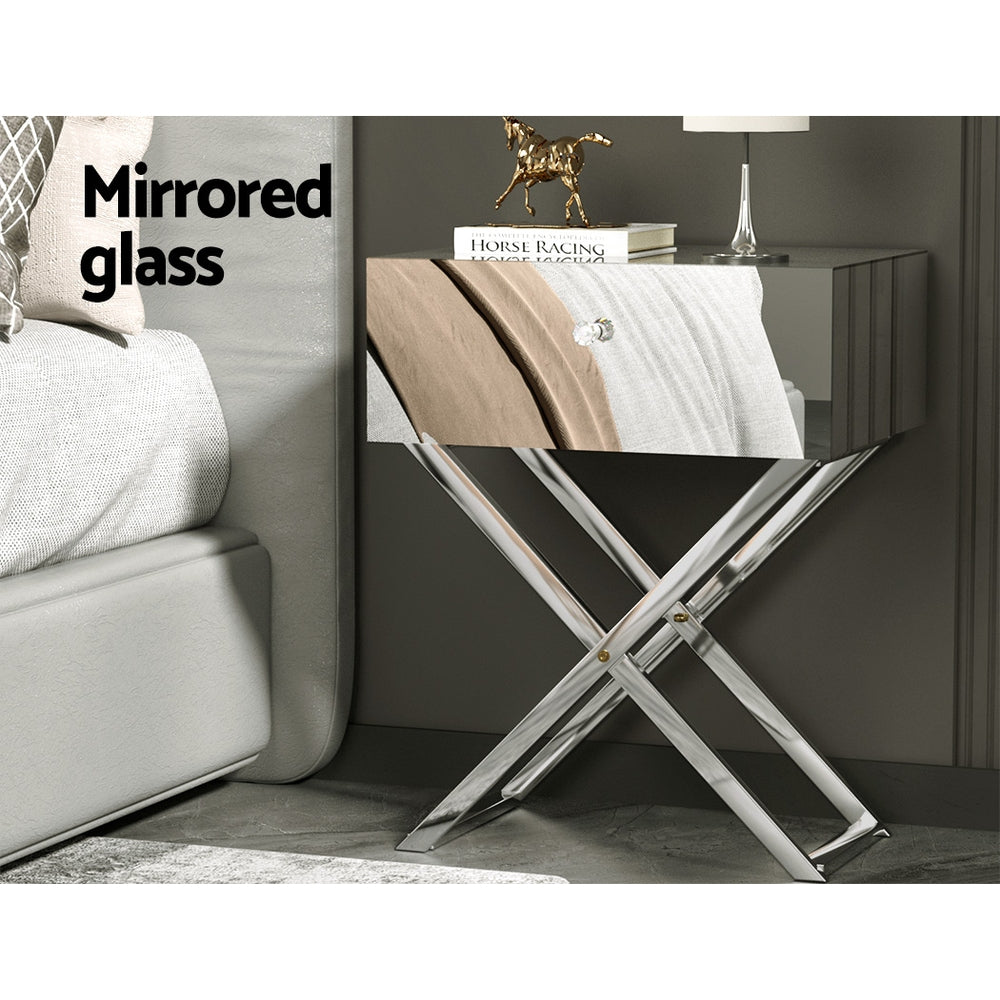 Bedside Tables: Artiss Mirrored Bedside Table Drawers Side Table Storage Nightstand Silver MOCO