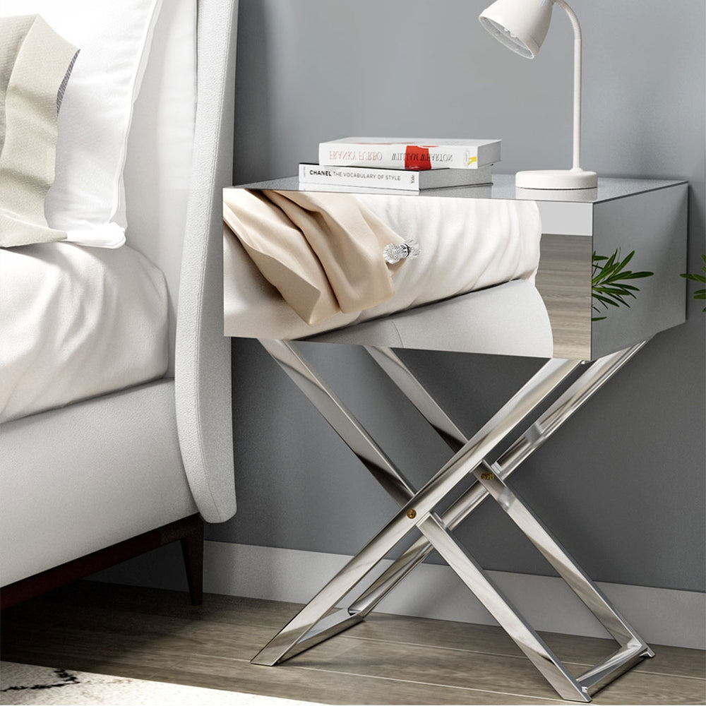 Bedside Tables: Artiss Mirrored Bedside Table Drawers Side Table Storage Nightstand Silver MOCO