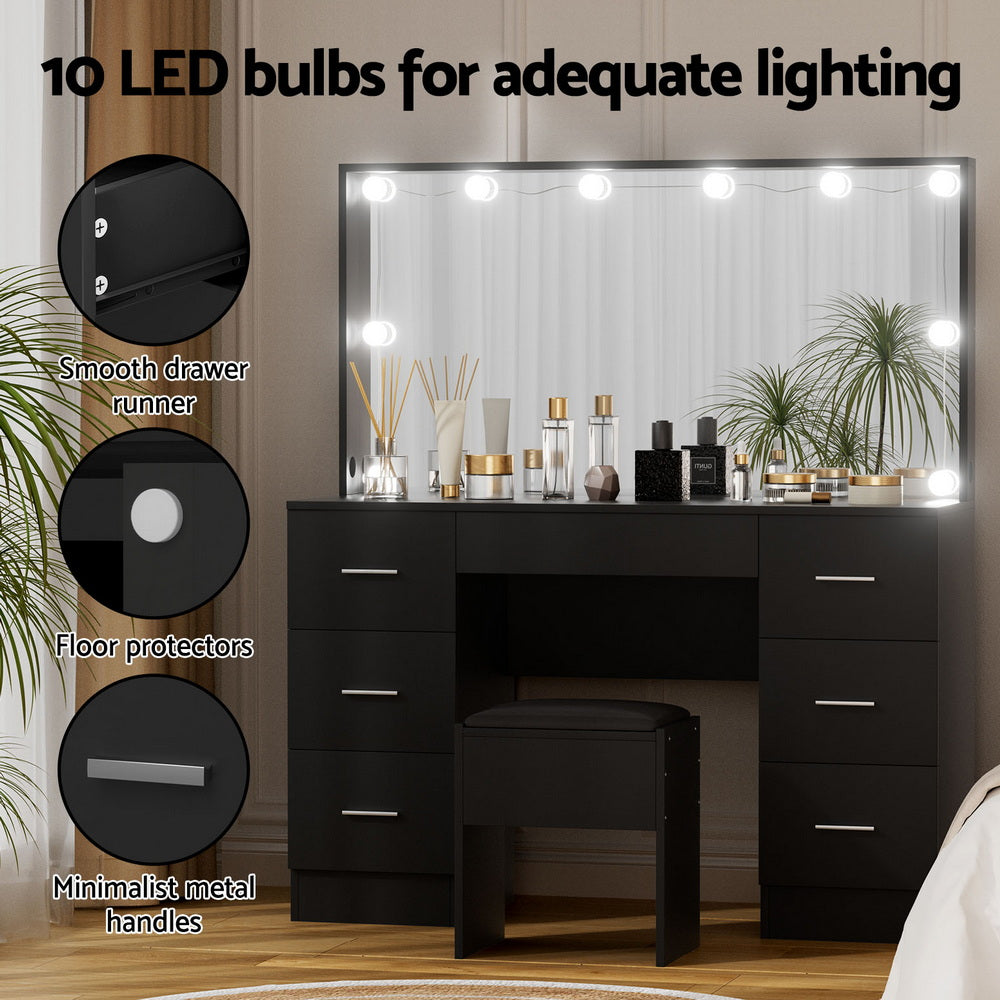 Dressing Vanity & Dressing Tables: Artiss Dressing Table Vanity Desk Set Stool 10 Led Bulbs Black
