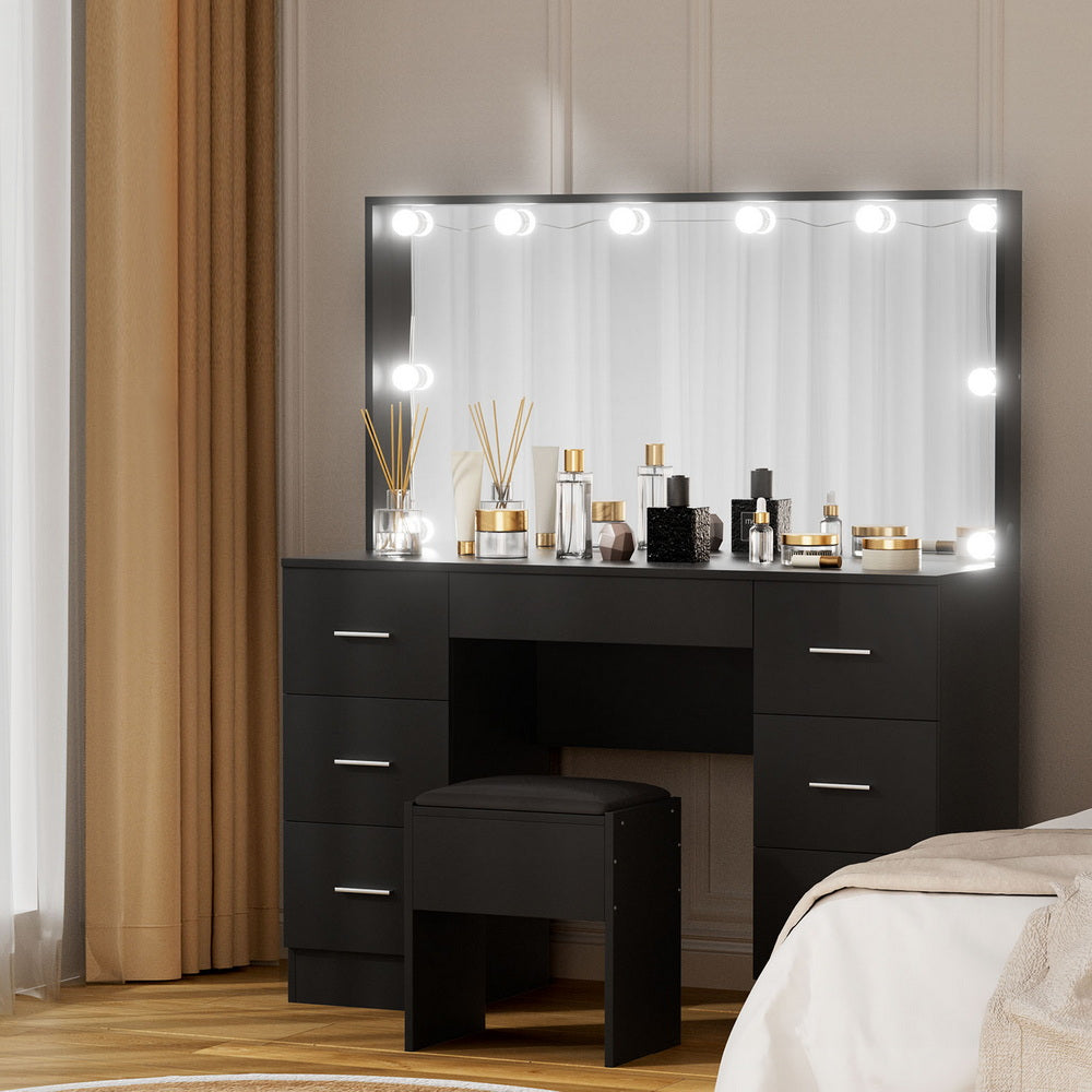 Dressing Vanity & Dressing Tables: Artiss Dressing Table Vanity Desk Set Stool 10 Led Bulbs Black