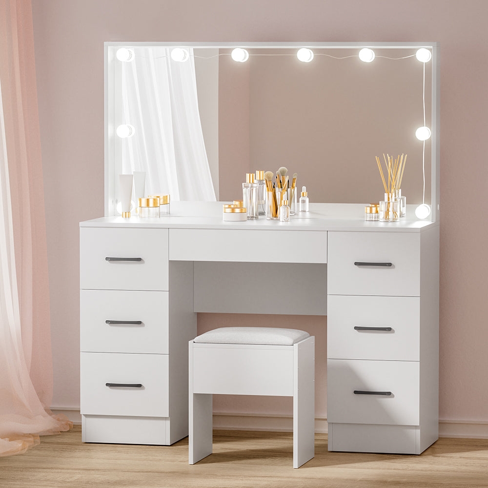 Dressing Vanity & Dressing Tables: Artiss Dressing Table Set Stool 10 Led Bulbs White Debbie