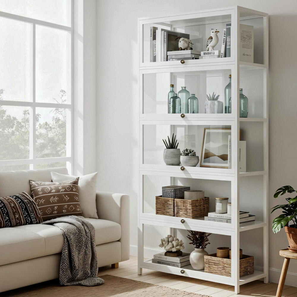 Bookcases & Shelves: Artiss 5-Tier Display Cabinet Storage Bookshelf Clear Shelf White