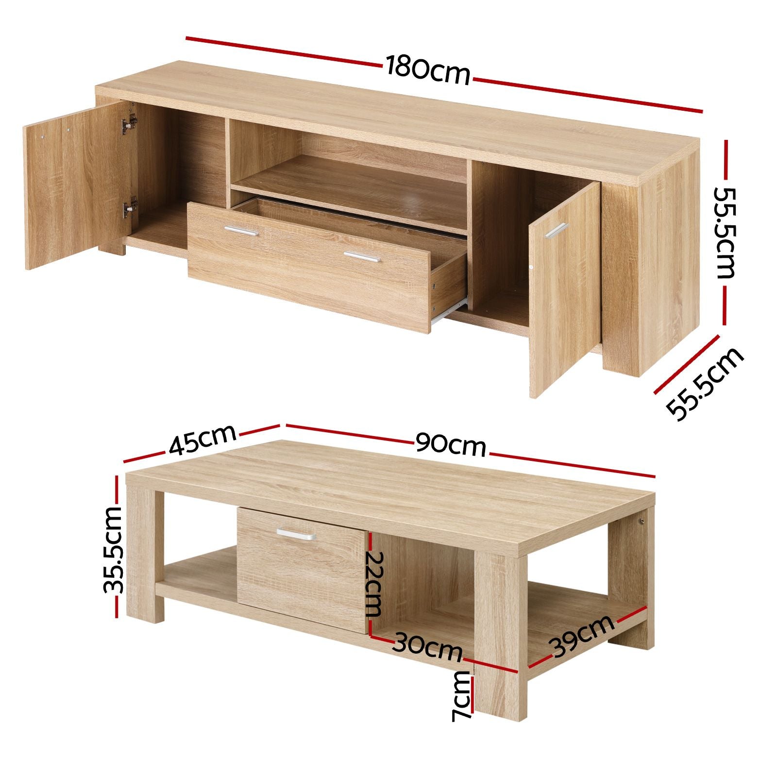 Artiss TV Unit & Coffee Table Set Storage Drawer Pine