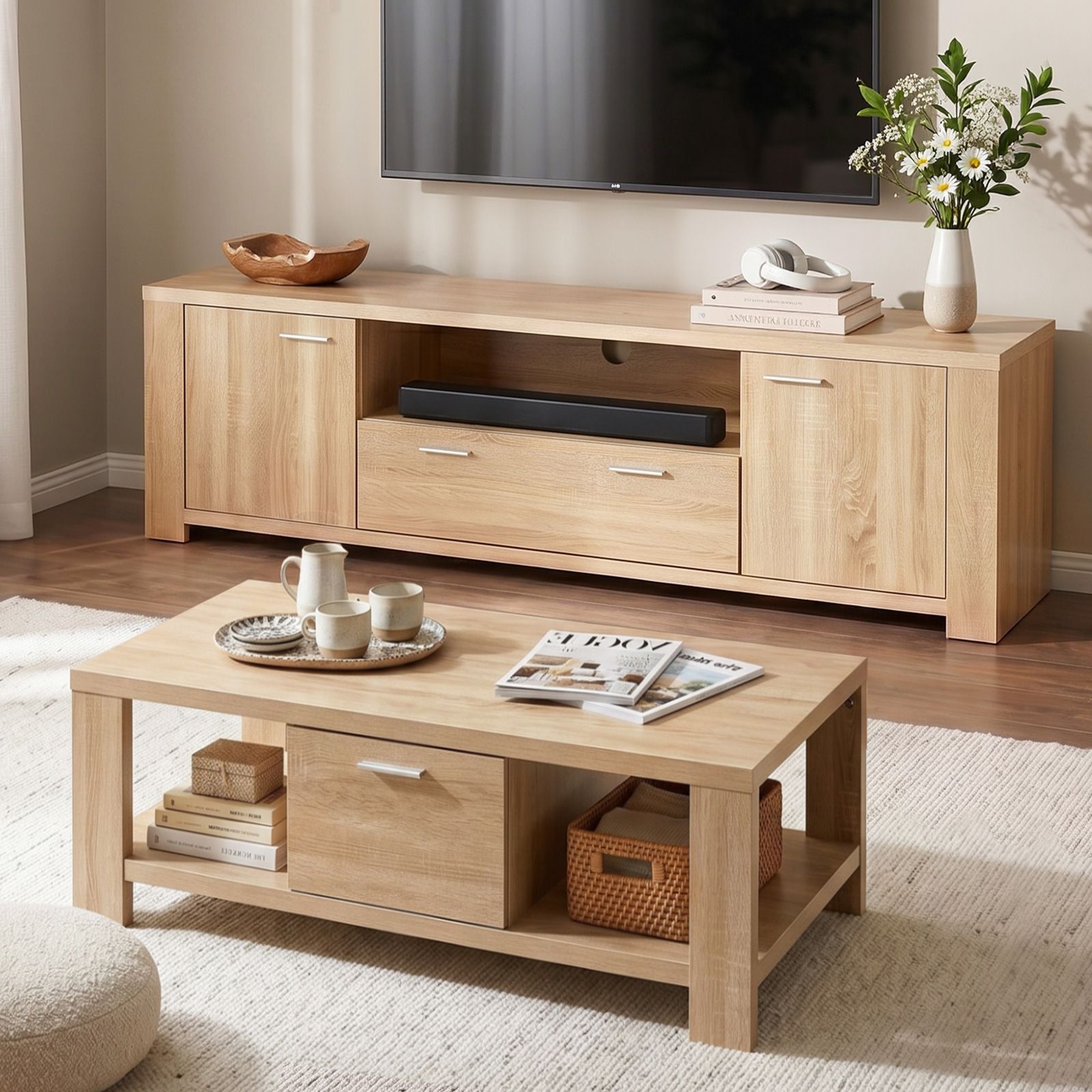 Artiss TV Unit & Coffee Table Set Storage Drawer Pine